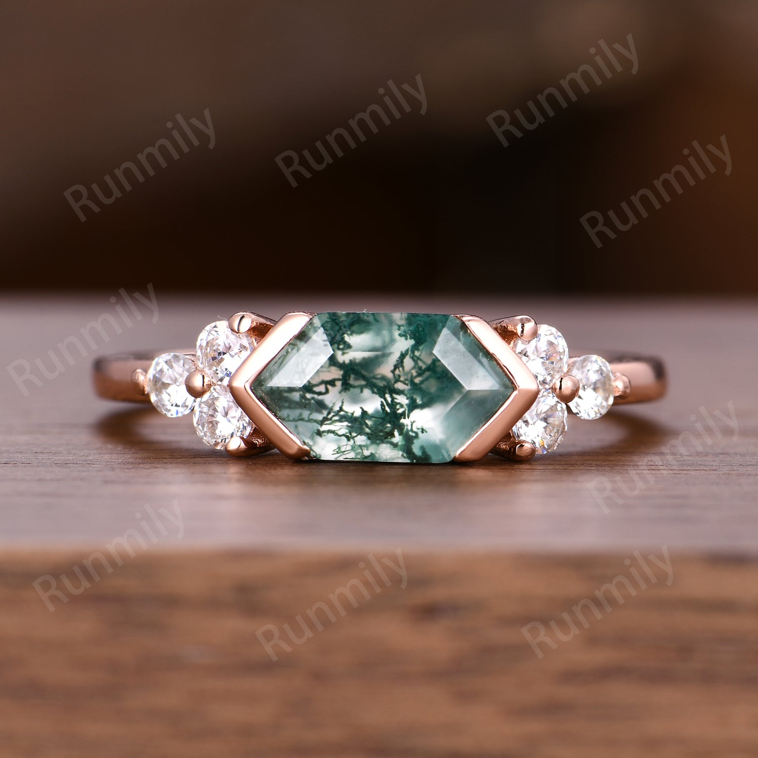 Unique Moss Agate Engagement Ring Women Solid Rose Gold Wedding Ring Vintage Cluster Moissanite Promise Ring Anniversary Gift For Her