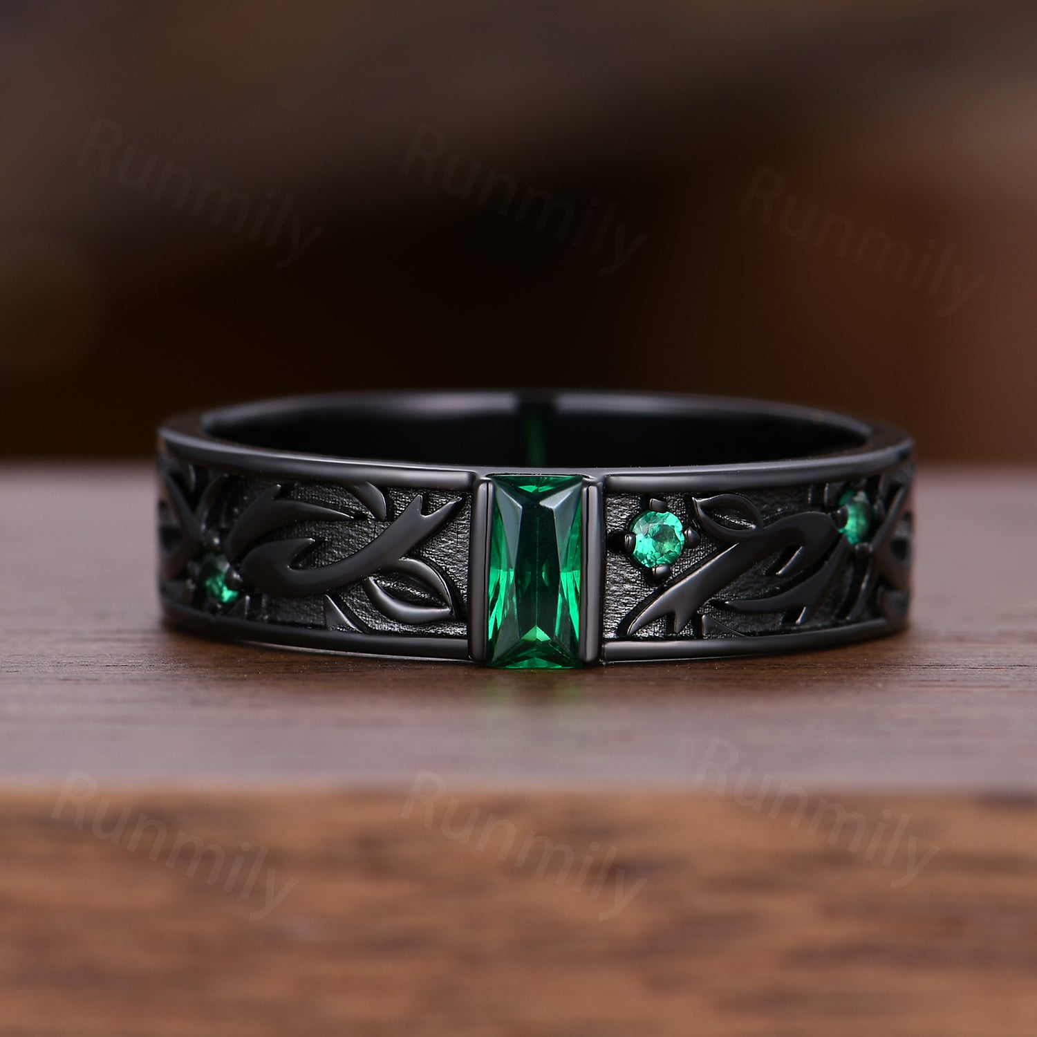 Nature Inspired Emerald Wedding Band For Men's Black Gold Promise Ring Baguette Cut Band