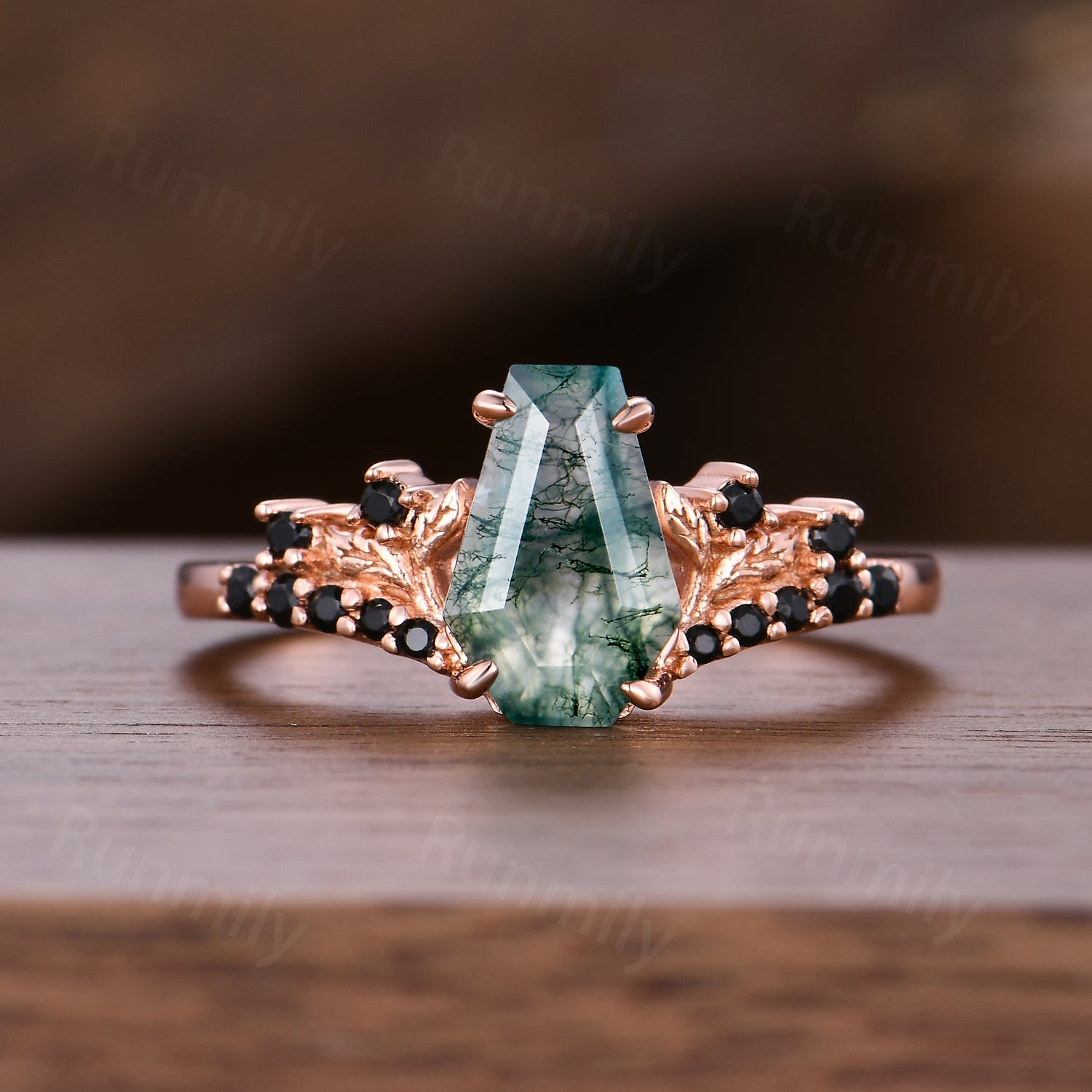 Gothic Bat Wing Moss Agate Engagement Ring Unique Rose Gold Black Spinel Wedding Ring Vampire Bridal Ring Set