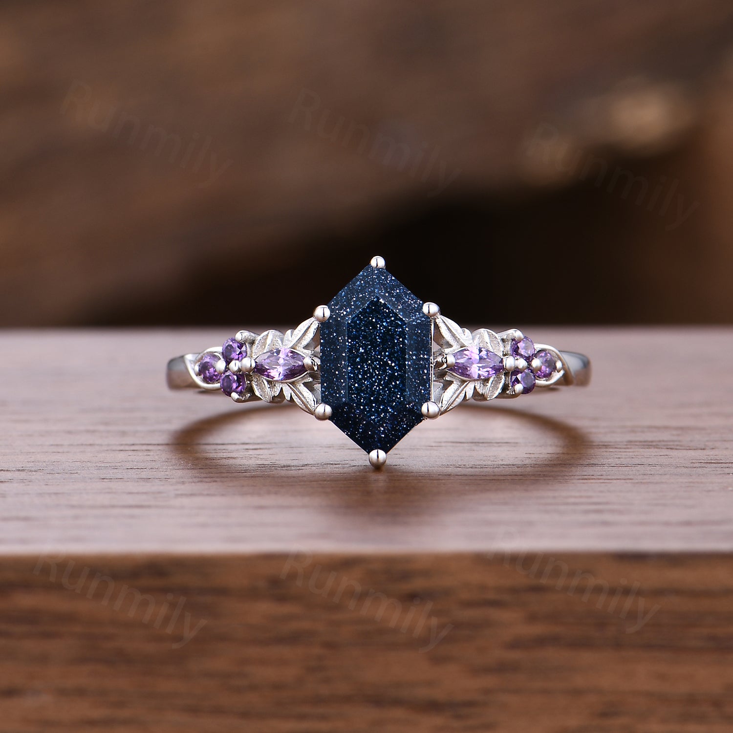 Hexagon cut Blue Sandstone engagement ring set women 14k white gold amethyst branch leaf cluster wedding band enhancer promise ring for her