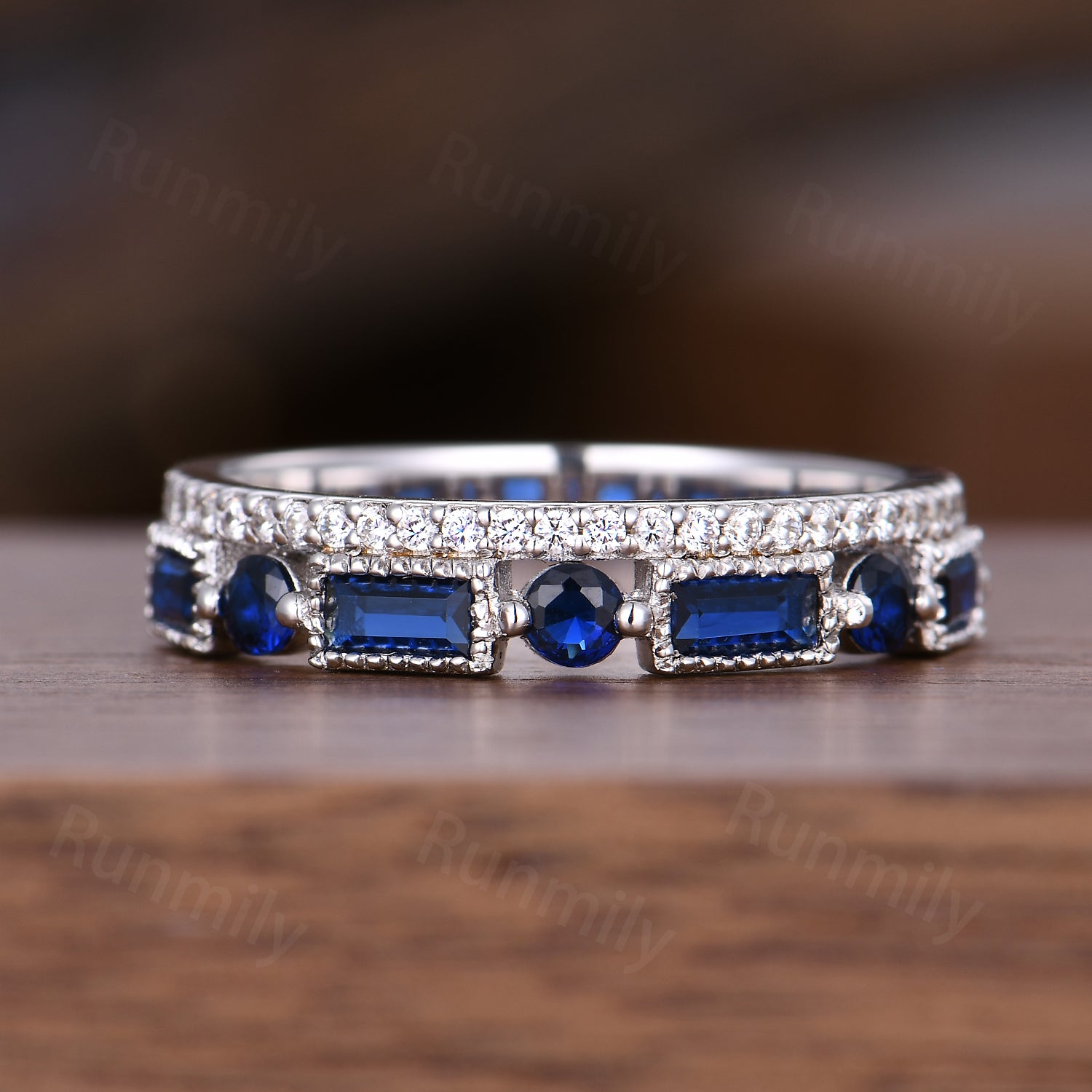 Baguette Blue Sapphire Wedding Band: Sterling Silver Half Eternity Ring