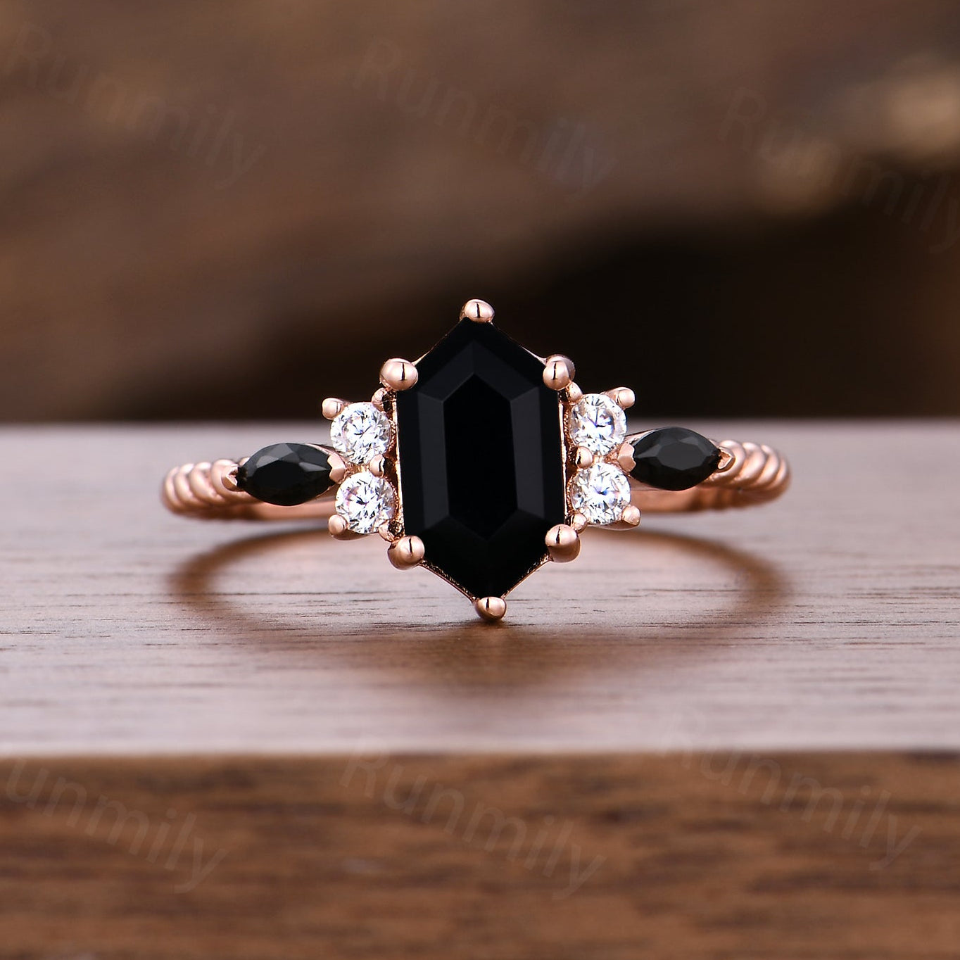 Retro Hexagon Black Onyx Engagement Ring Unique 7 Stone Twisted Wedding Ring Black Gem Bridal Ring Anniversary Gift For Women