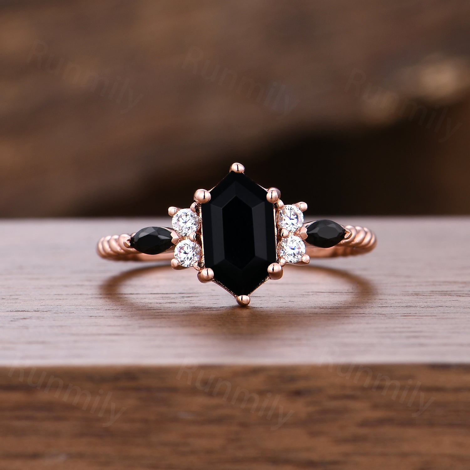 Retro Hexagon Black Onyx Engagement Ring Unique 7 Stone Twisted Wedding Ring Black Gem Bridal Ring Anniversary Gift For Women