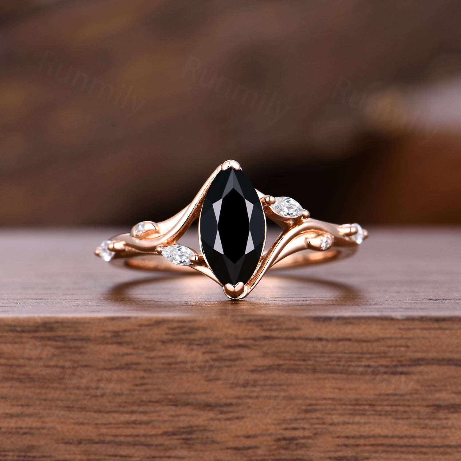 Marquise cut Black Onyx engagement ring set unique twig moissanite ring women open gap wedding band nature inspired Bridal Promise ring