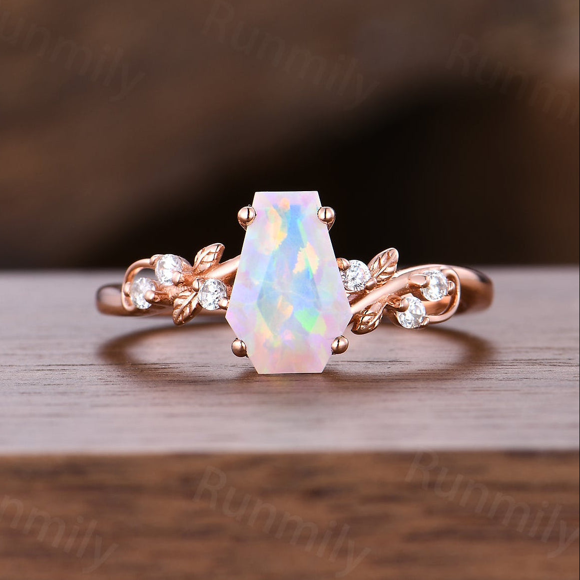 Coffin Cut Opal Engagement Ring, 14k Rose Gold Twig Leaf Moissanite Ring