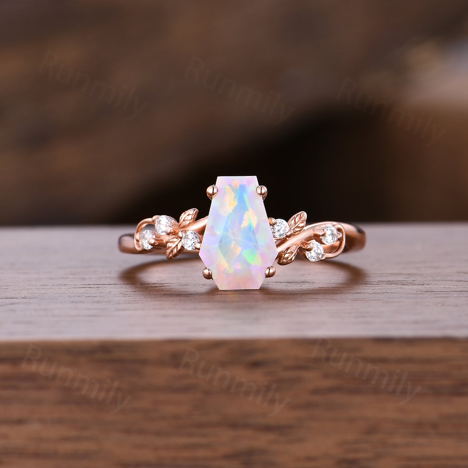 Coffin Cut Opal Engagement Ring, 14k Rose Gold Twig Leaf Moissanite Ring