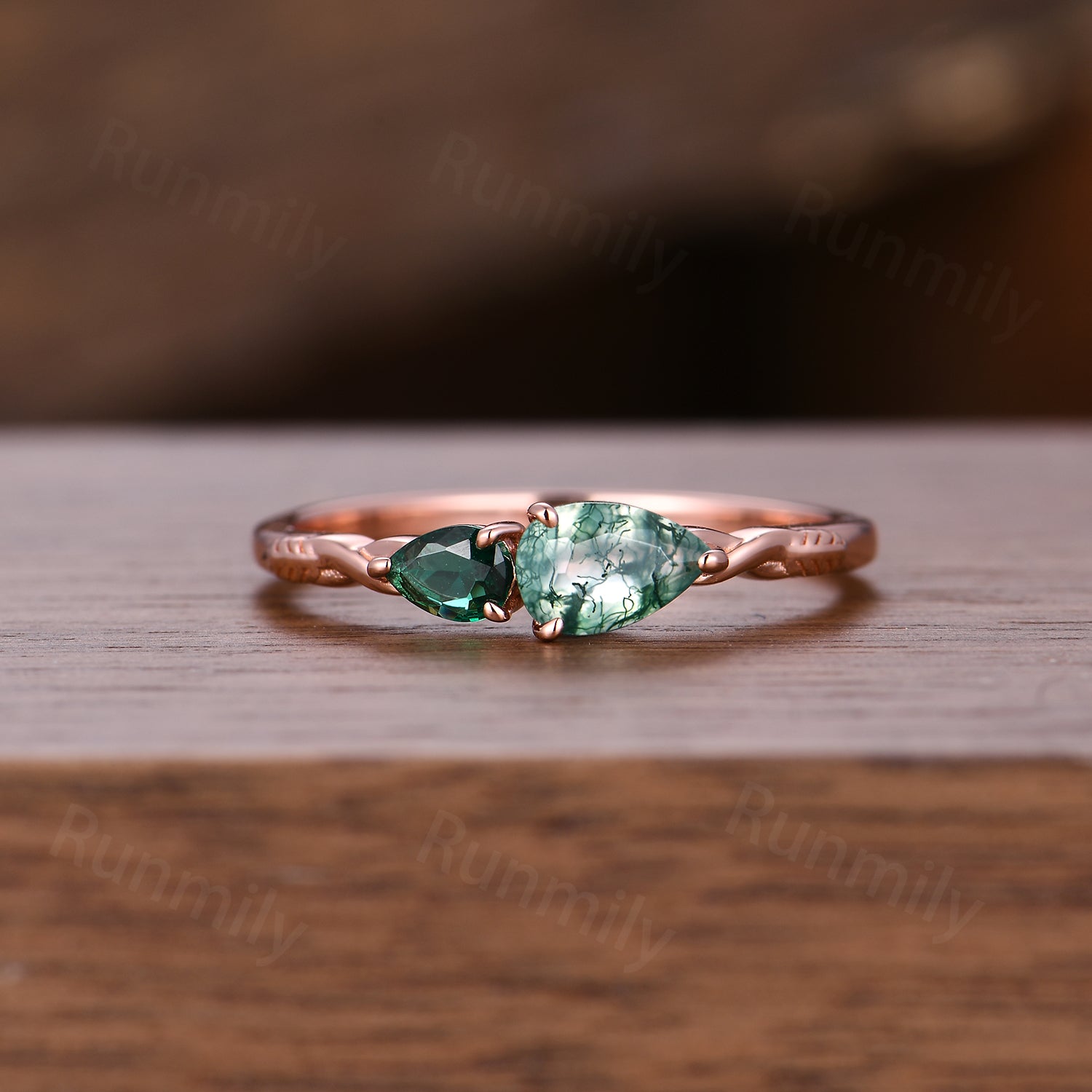 Vintage Moss Agate Emerald Engagement Ring Rose Gold Pear Cut Ring Anniversary Art Deco 2 Stone Custom Wedding Band Unique Women Ring