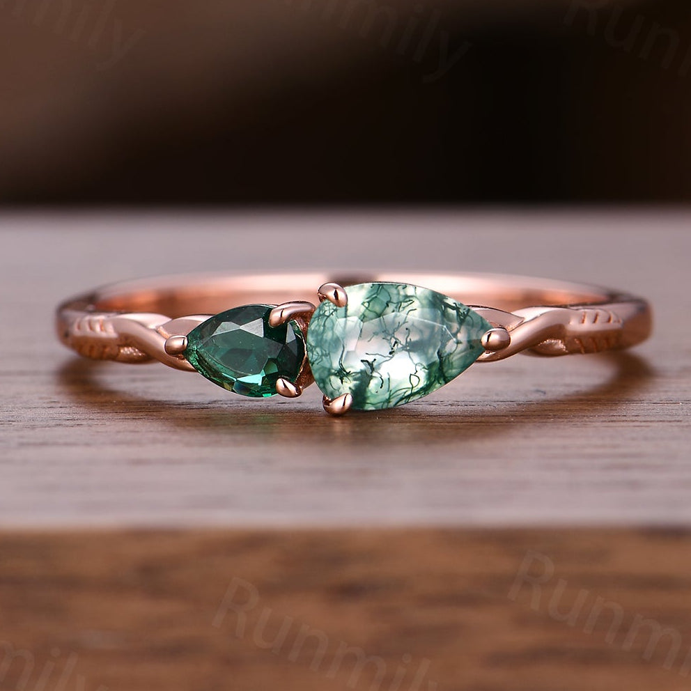 Vintage Moss Agate Emerald Engagement Ring Rose Gold Pear Cut Ring Anniversary Art Deco 2 Stone Custom Wedding Band Unique Women Ring