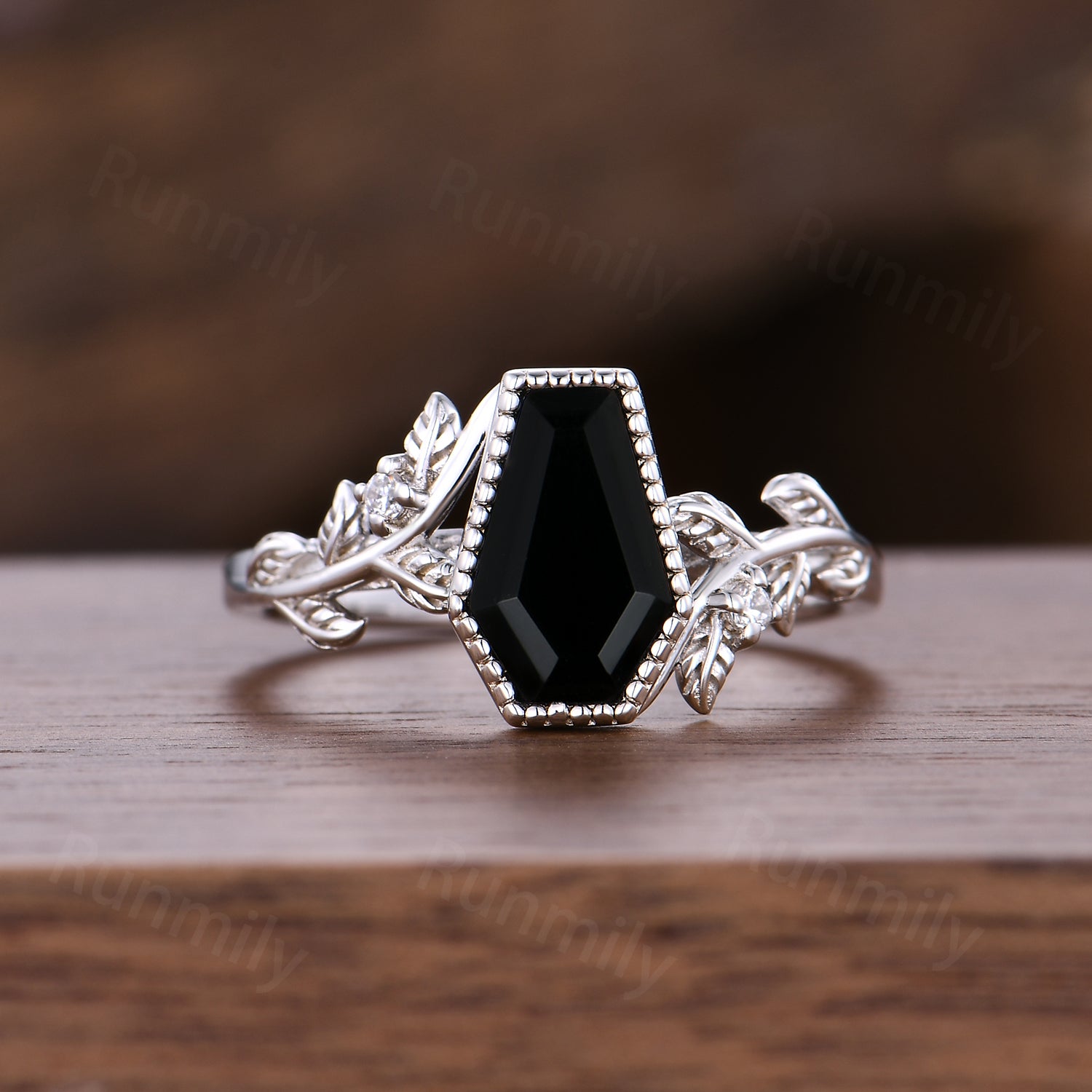 Art Deco Coffin Cut Black Onyx Ring, 14k White Gold Leaf Ring