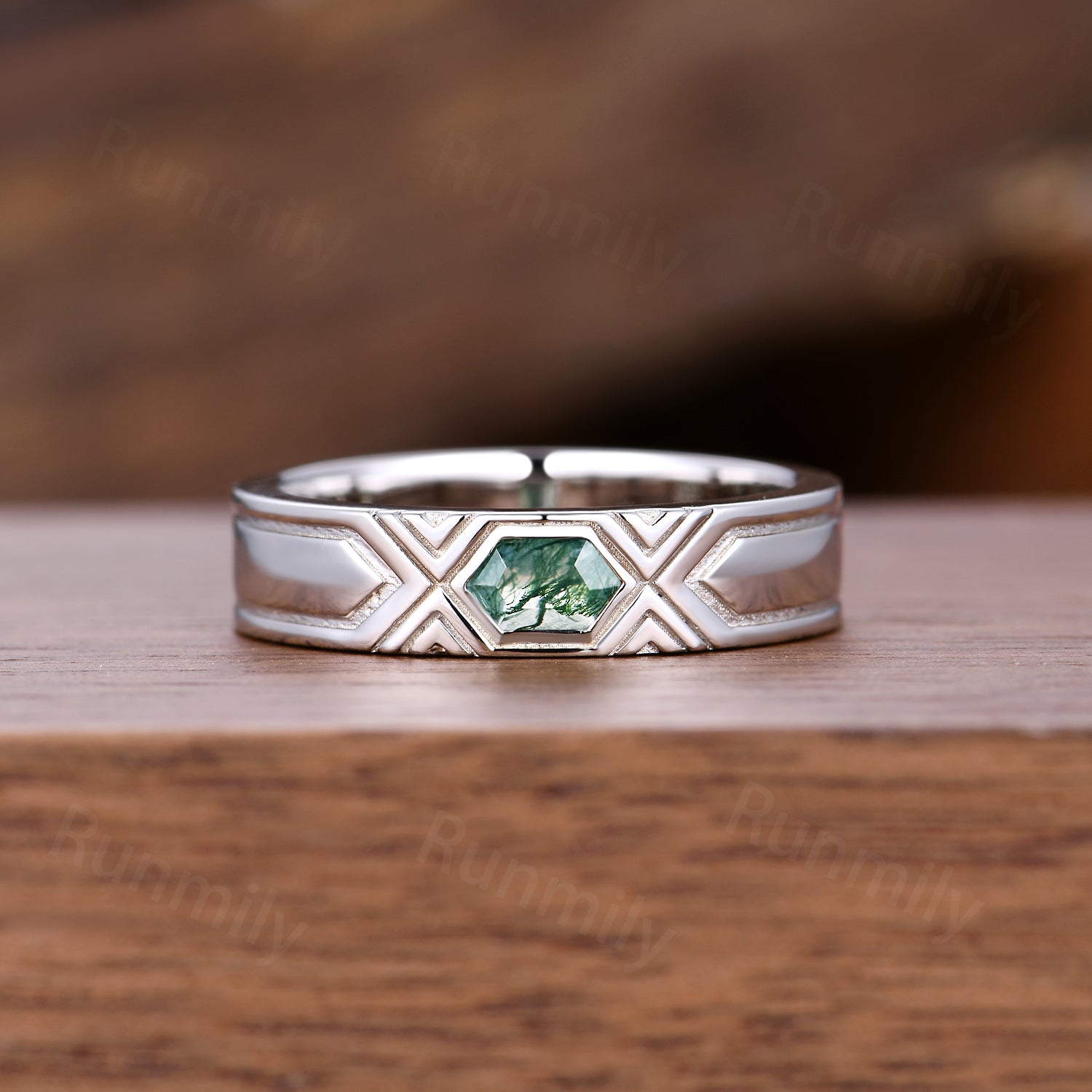 Retro Hexagon Moss Agate Mens Wedding Band: 6mm Wide White Gold Promise Ring For Men