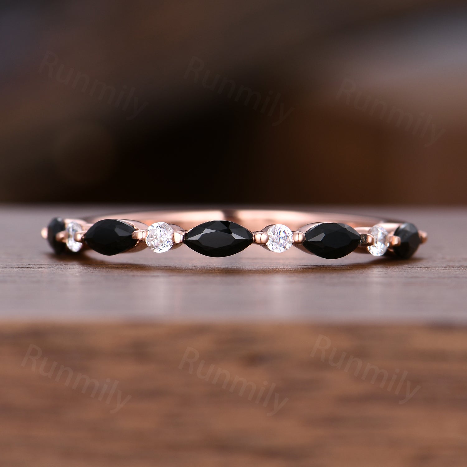 Half Eternity Black Onyx Wedding Band Rose Gold Marquise Cut Band Dainty Moissanite Stacking Matching Band Black Gemstone Anniversary Ring