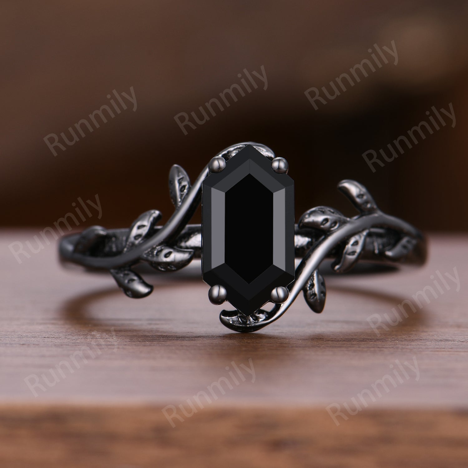 Vintage Twig Leaf Black Onyx Ring Women Unique Nature Inspired Engagement Ring Black Gold Wedding Ring Black Gemstone Ring Bridal Promise Gift