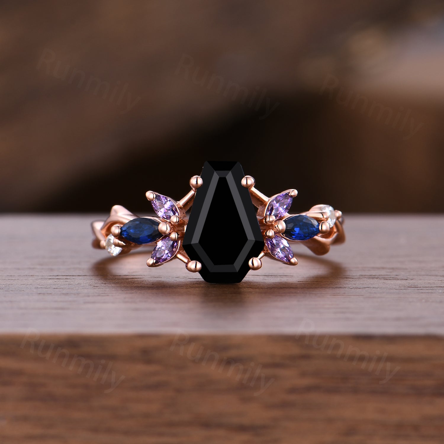 Gothic Coffin Cut Black Onyx Engagement Ring Set Unique Blue Sapphire Amethyst Wedding Ring Twig Curved Stacking Bridal Ring Set