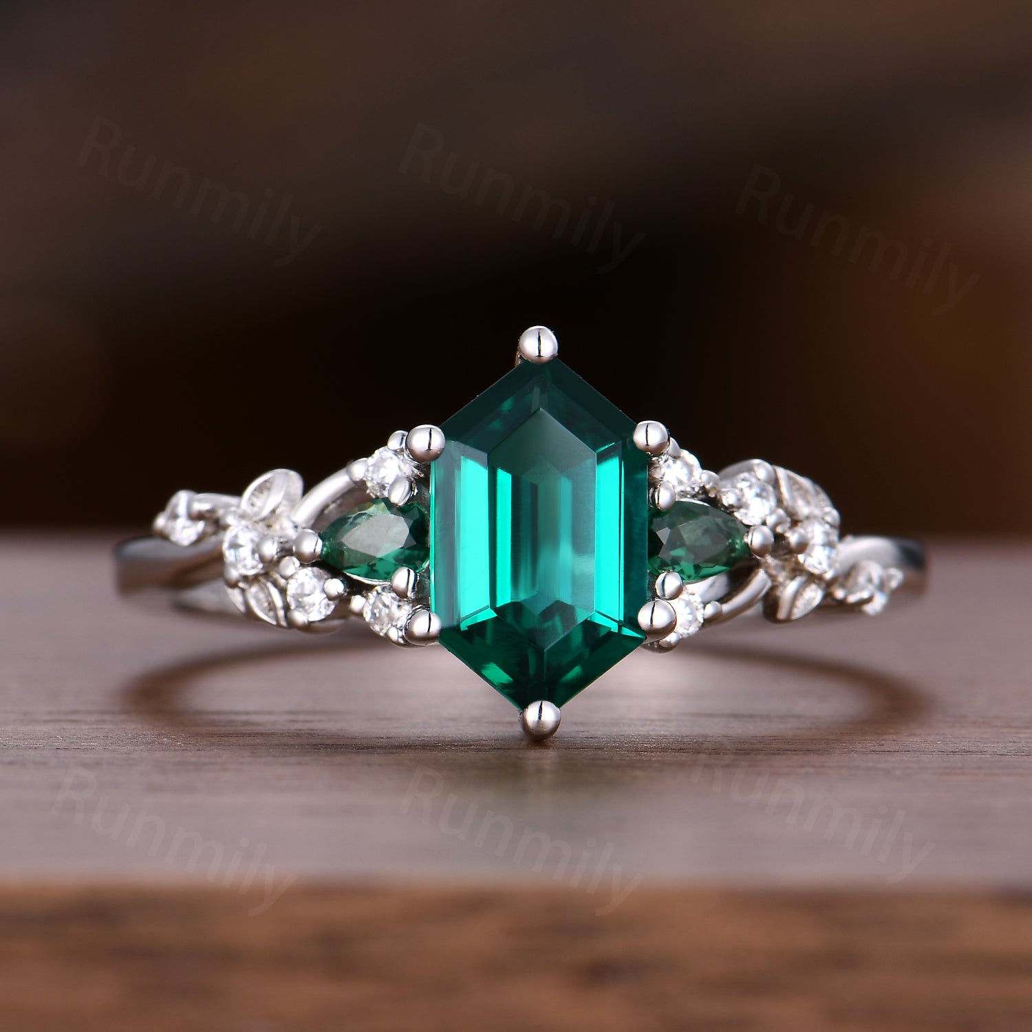 Vintage Emerald Engagement Ring Set Sterling Silver Unique Open Gap Leaf Ring Hexagon Cut Bridal Set Green Promise Ring