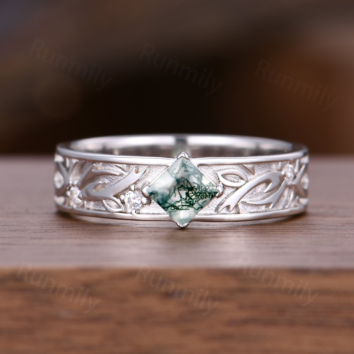 Mens Natural Moss Agate Wedding Band Silver Princess Cut Ring Nature Inspired Moissanite Band Vintage Ring For Husband/Father