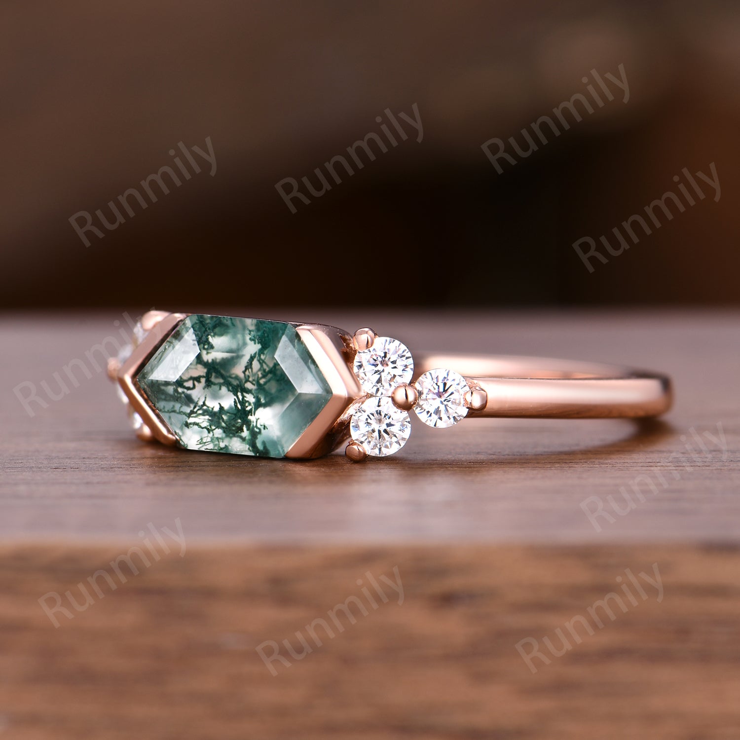 Unique Moss Agate Engagement Ring Women Solid Rose Gold Wedding Ring Vintage Cluster Moissanite Promise Ring Anniversary Gift For Her