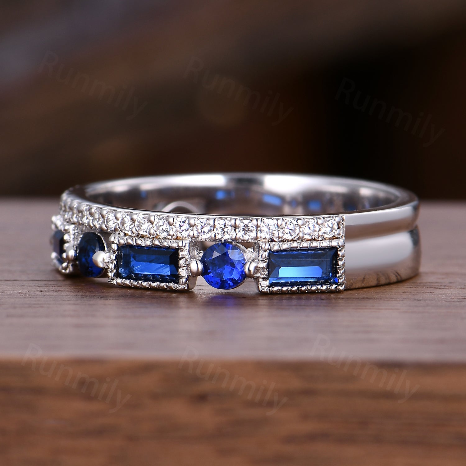 Baguette Blue Sapphire Wedding Band: Sterling Silver Half Eternity Ring