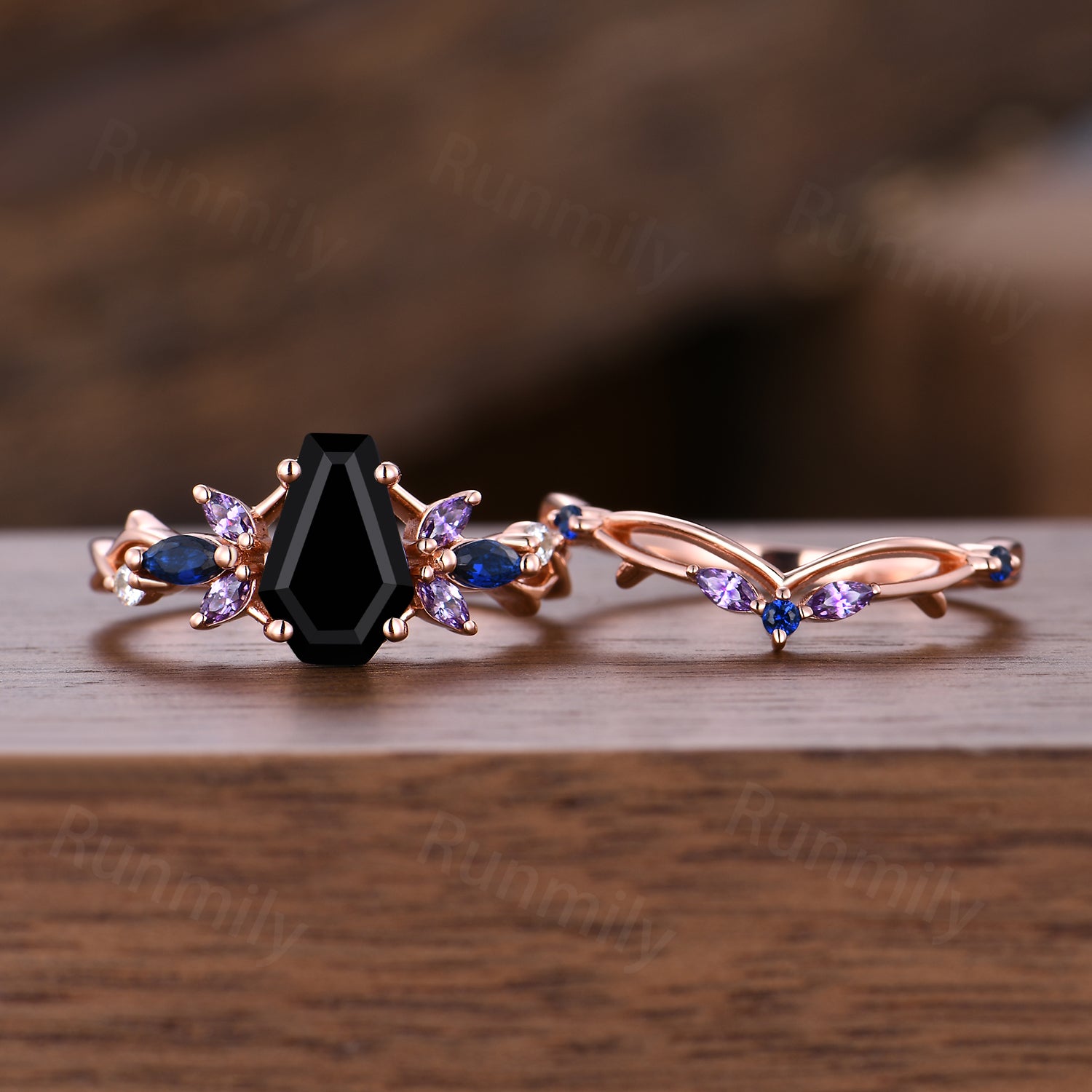 Gothic Coffin Cut Black Onyx Engagement Ring Set Unique Blue Sapphire Amethyst Wedding Ring Twig Curved Stacking Bridal Ring Set