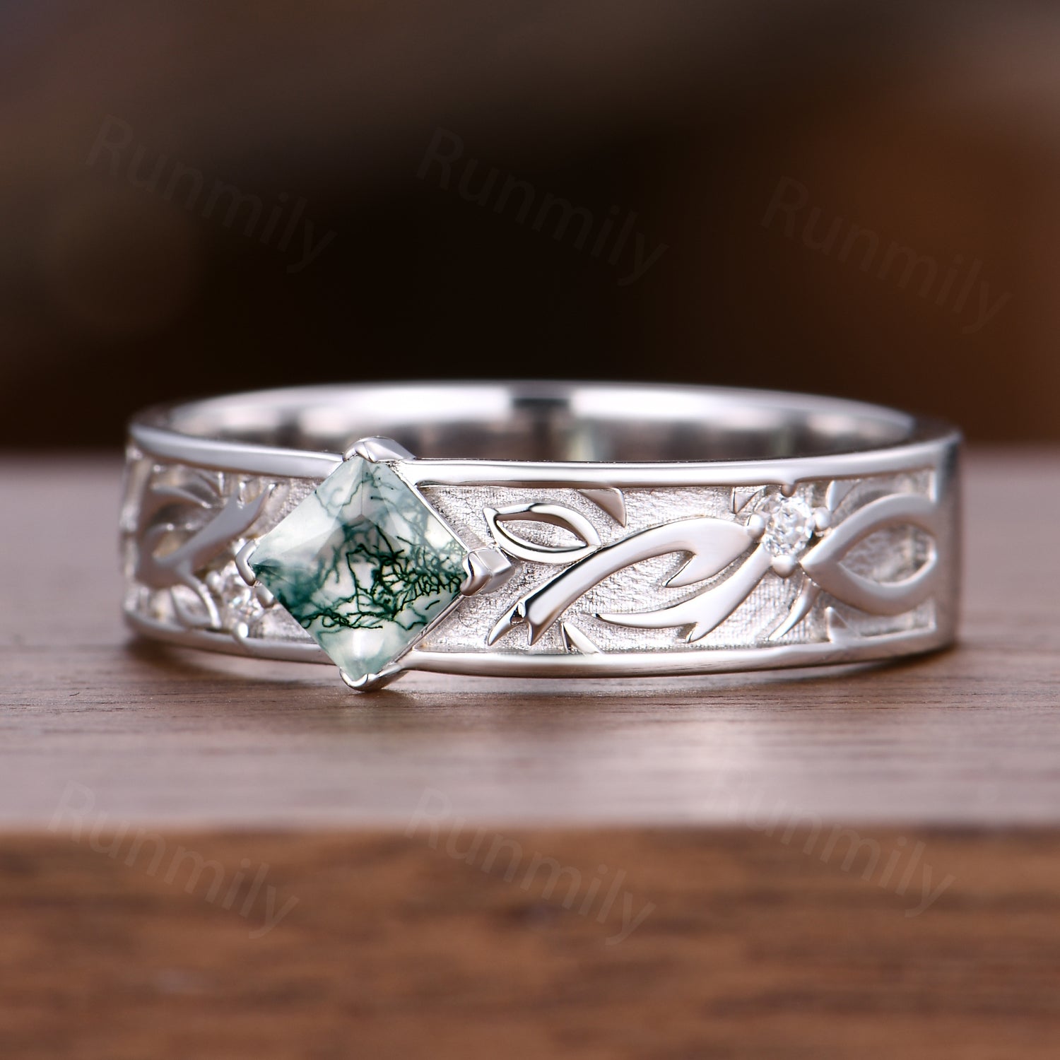 Mens Natural Moss Agate Wedding Band Silver Princess Cut Ring Nature Inspired Moissanite Band Vintage Ring For Husband/Father