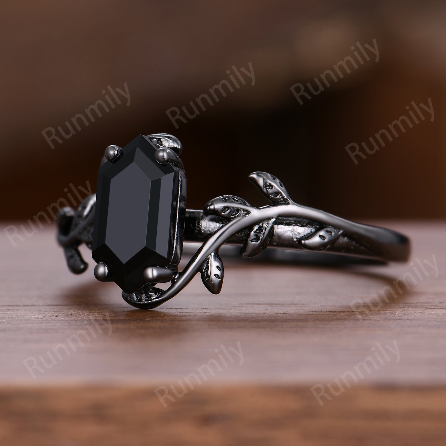 Vintage Twig Leaf Black Onyx Ring Women Unique Nature Inspired Engagement Ring Black Gold Wedding Ring Black Gemstone Ring Bridal Promise Gift