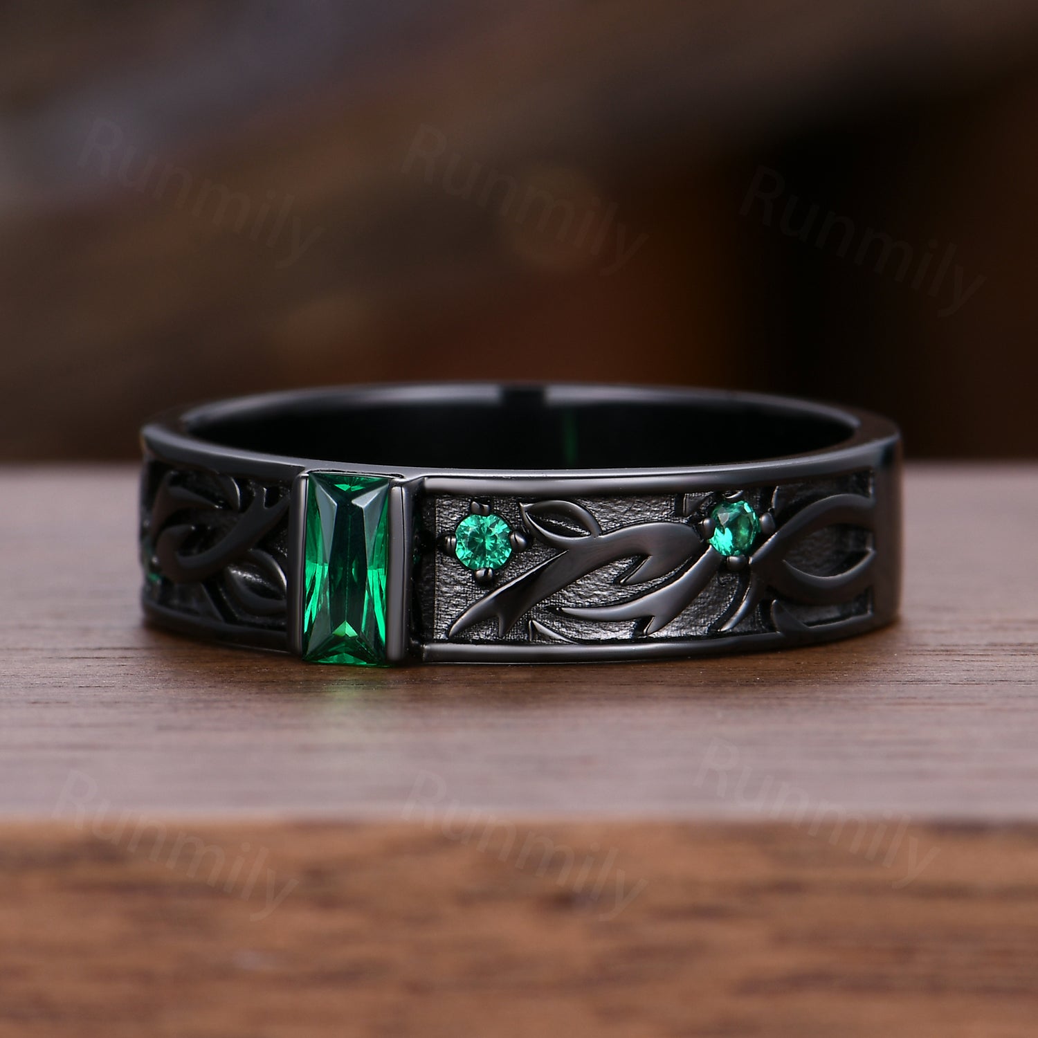 Nature Inspired Emerald Wedding Band For Men's Black Gold Promise Ring Baguette Cut Band