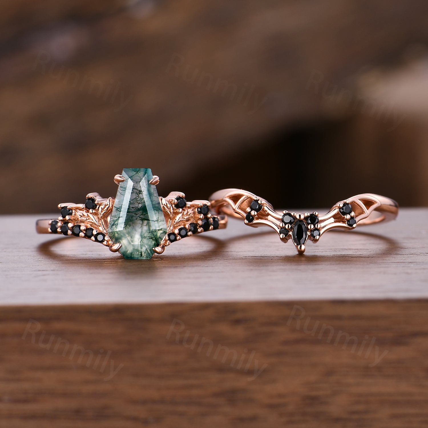 Gothic Bat Wing Moss Agate Engagement Ring Unique Rose Gold Black Spinel Wedding Ring Vampire Bridal Ring Set