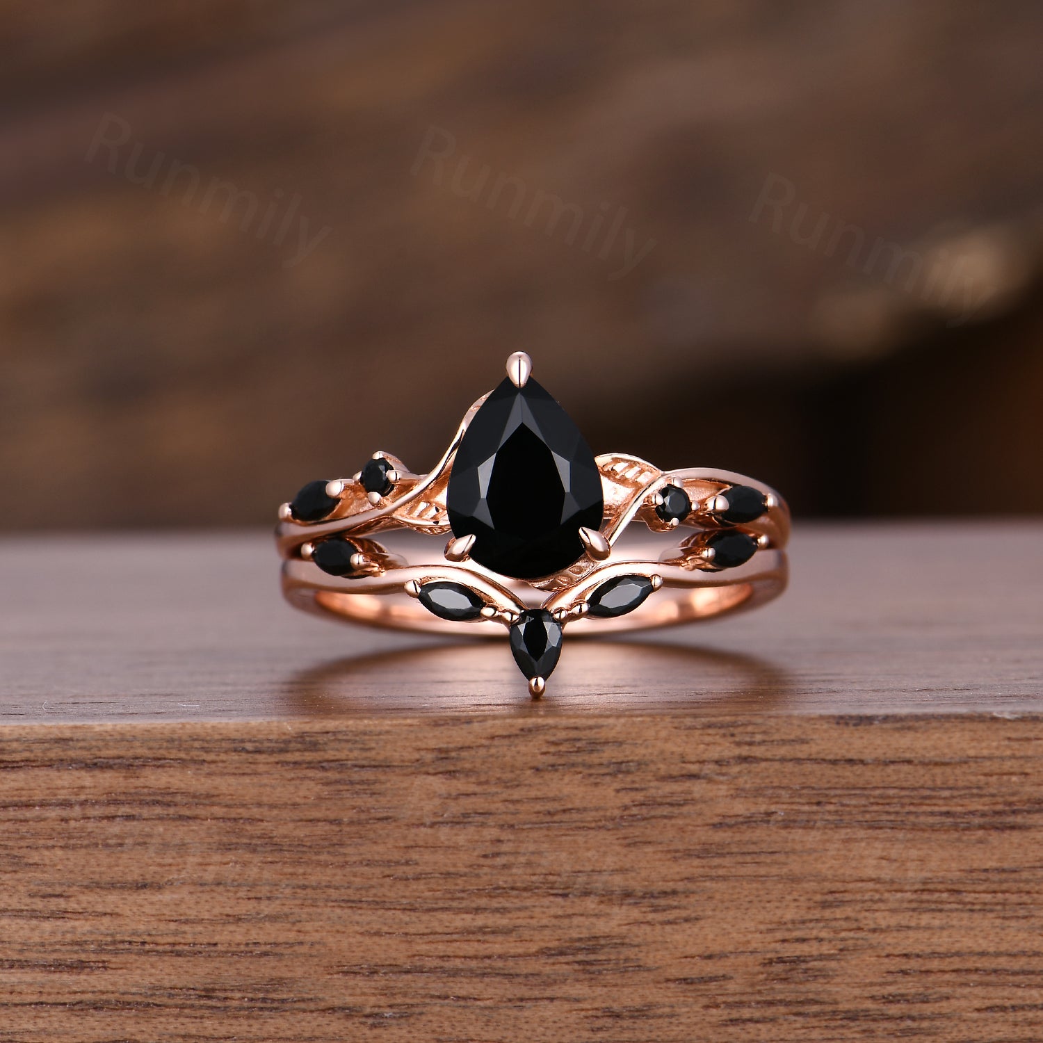 Vintage Black Onyx Couples Ring Set Unique Pear Cut Bridal Ring Rose Gold His and Hers Wedding Bands Mens Tungsten Ring Black Gemstone Rings