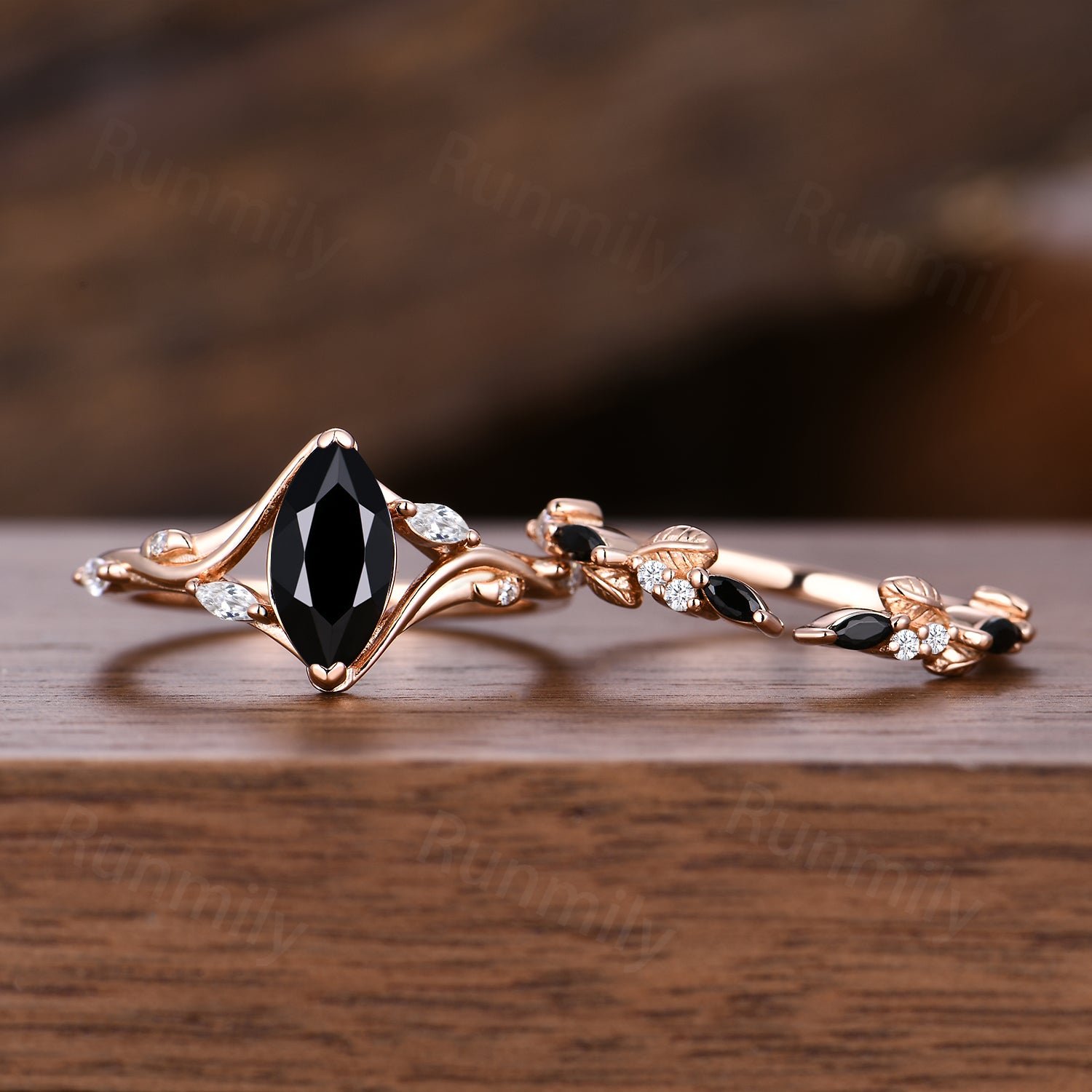 Marquise cut Black Onyx engagement ring set unique twig moissanite ring women open gap wedding band nature inspired Bridal Promise ring