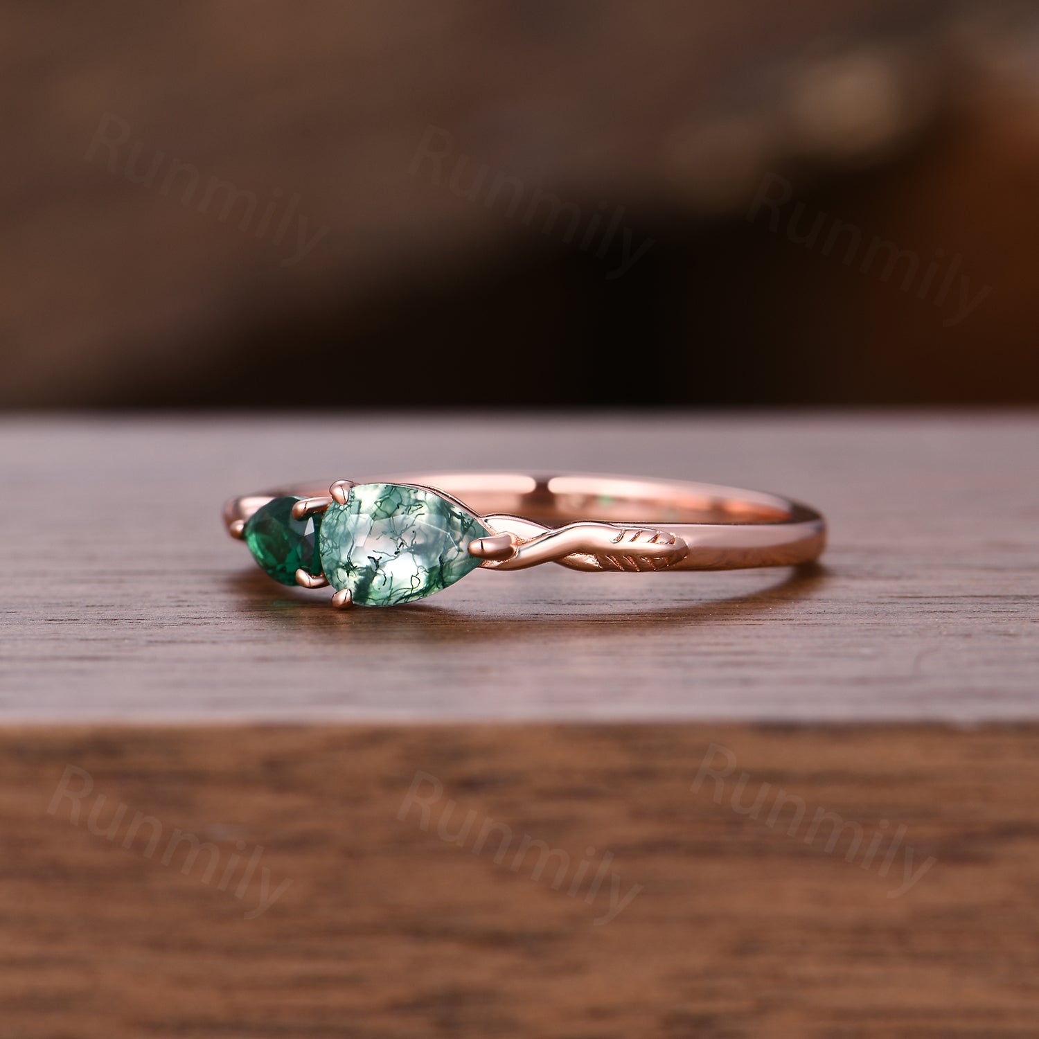 Vintage Moss Agate Emerald Engagement Ring Rose Gold Pear Cut Ring Anniversary Art Deco 2 Stone Custom Wedding Band Unique Women Ring