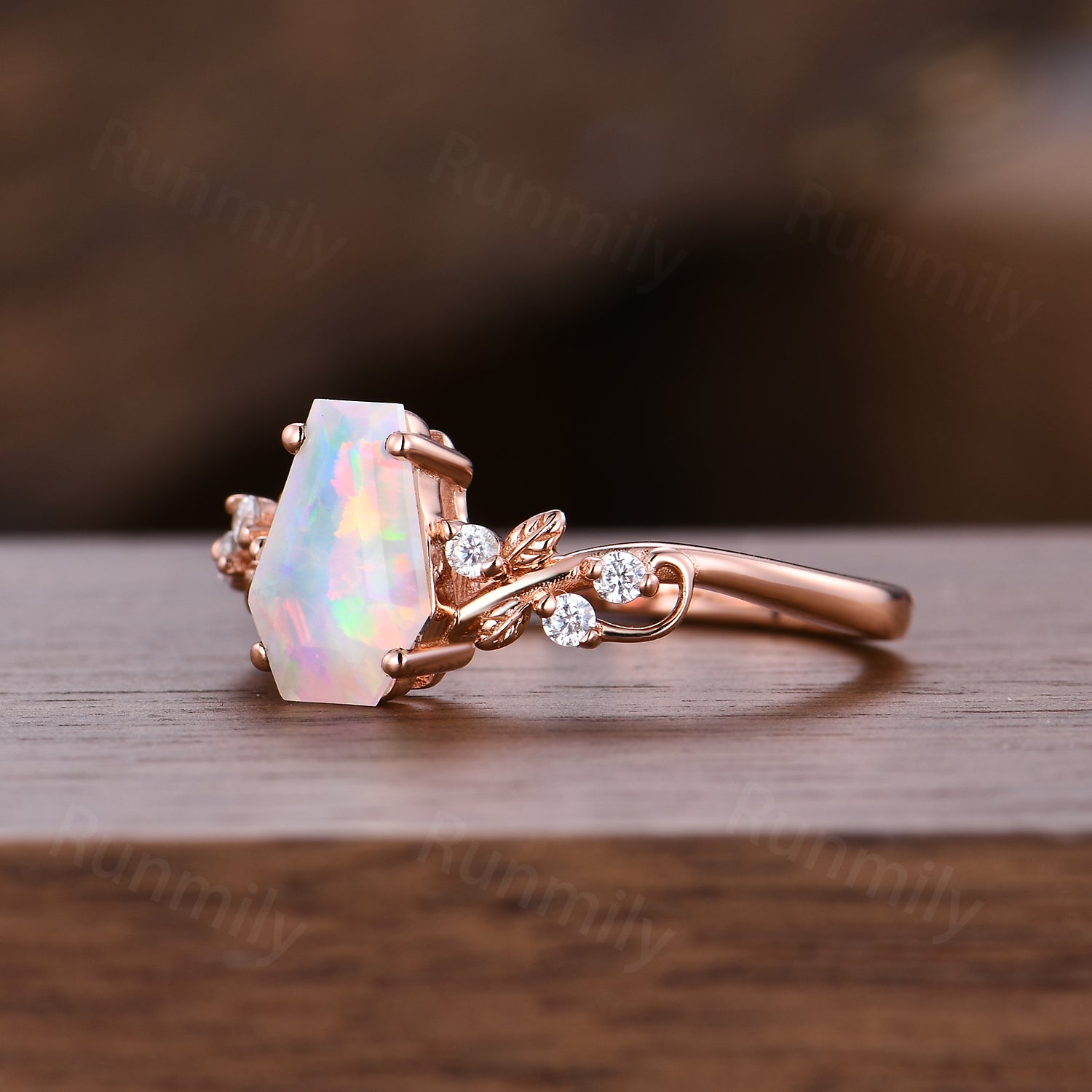 Coffin Cut Opal Engagement Ring, 14k Rose Gold Twig Leaf Moissanite Ring