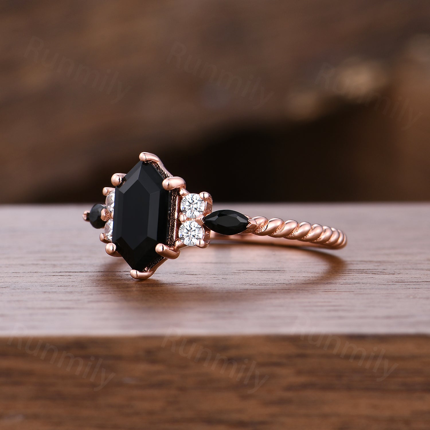 Retro Hexagon Black Onyx Engagement Ring Unique 7 Stone Twisted Wedding Ring Black Gem Bridal Ring Anniversary Gift For Women