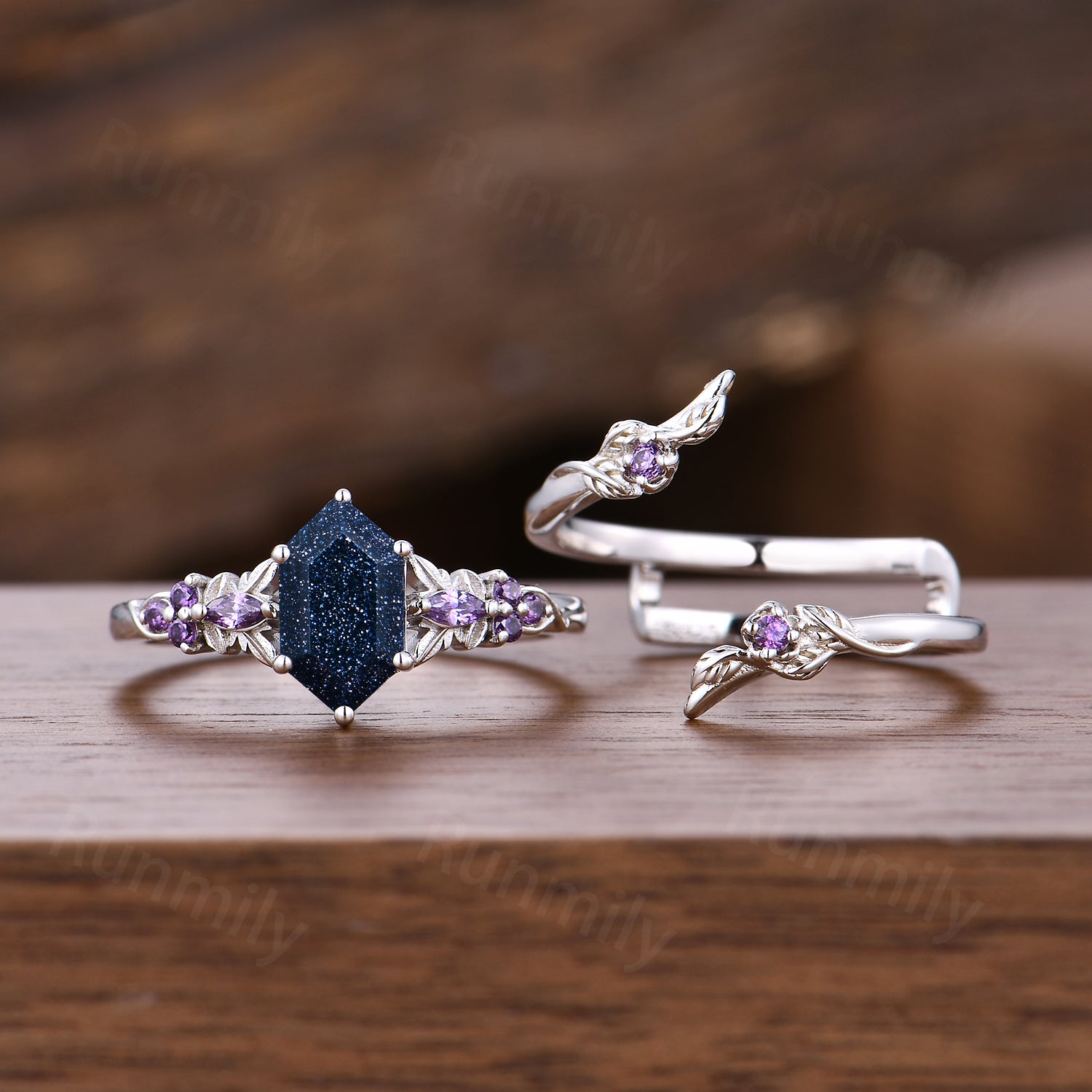 Hexagon cut Blue Sandstone engagement ring set women 14k white gold amethyst branch leaf cluster wedding band enhancer promise ring for her