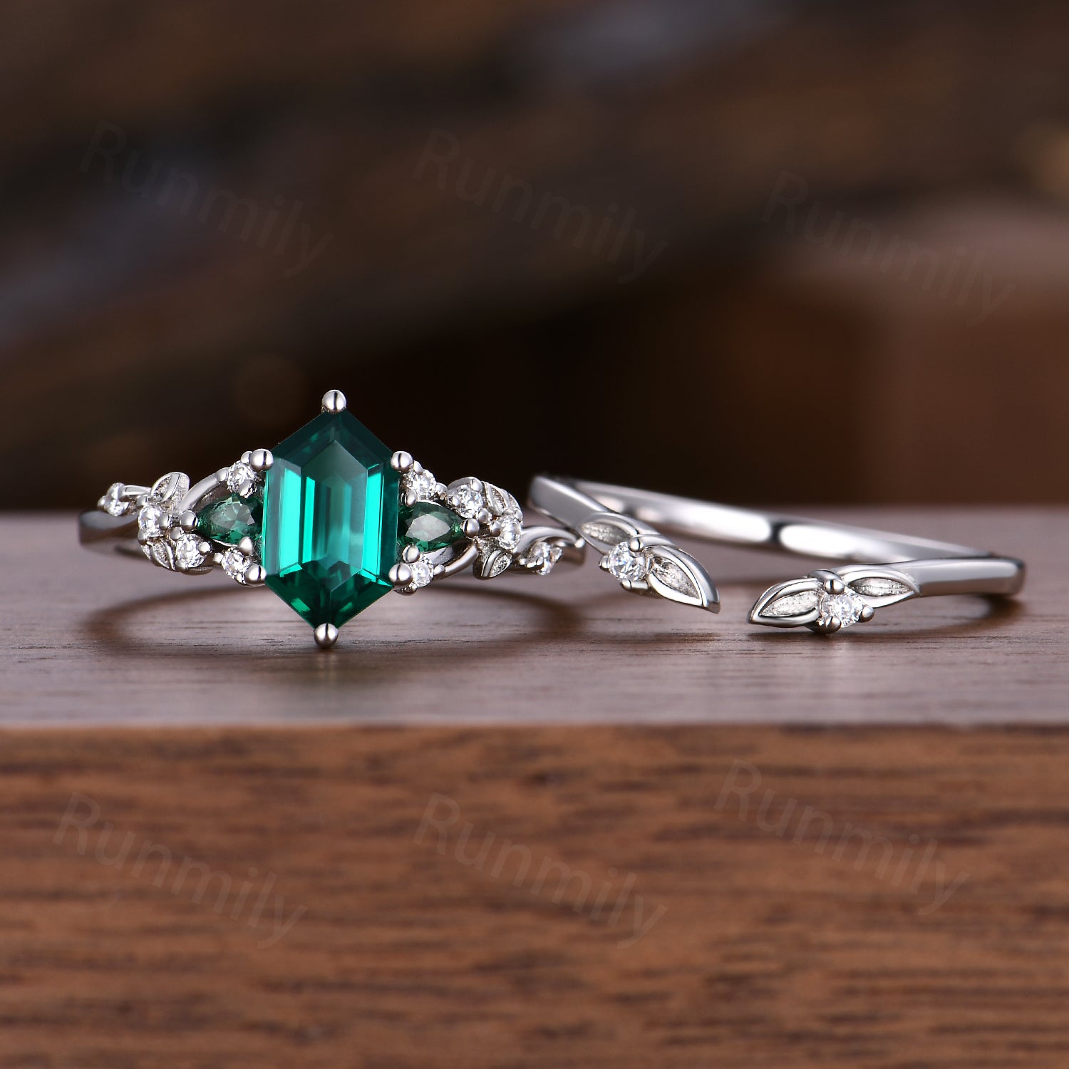 Vintage Emerald Engagement Ring Set Sterling Silver Unique Open Gap Leaf Ring Hexagon Cut Bridal Set Green Promise Ring