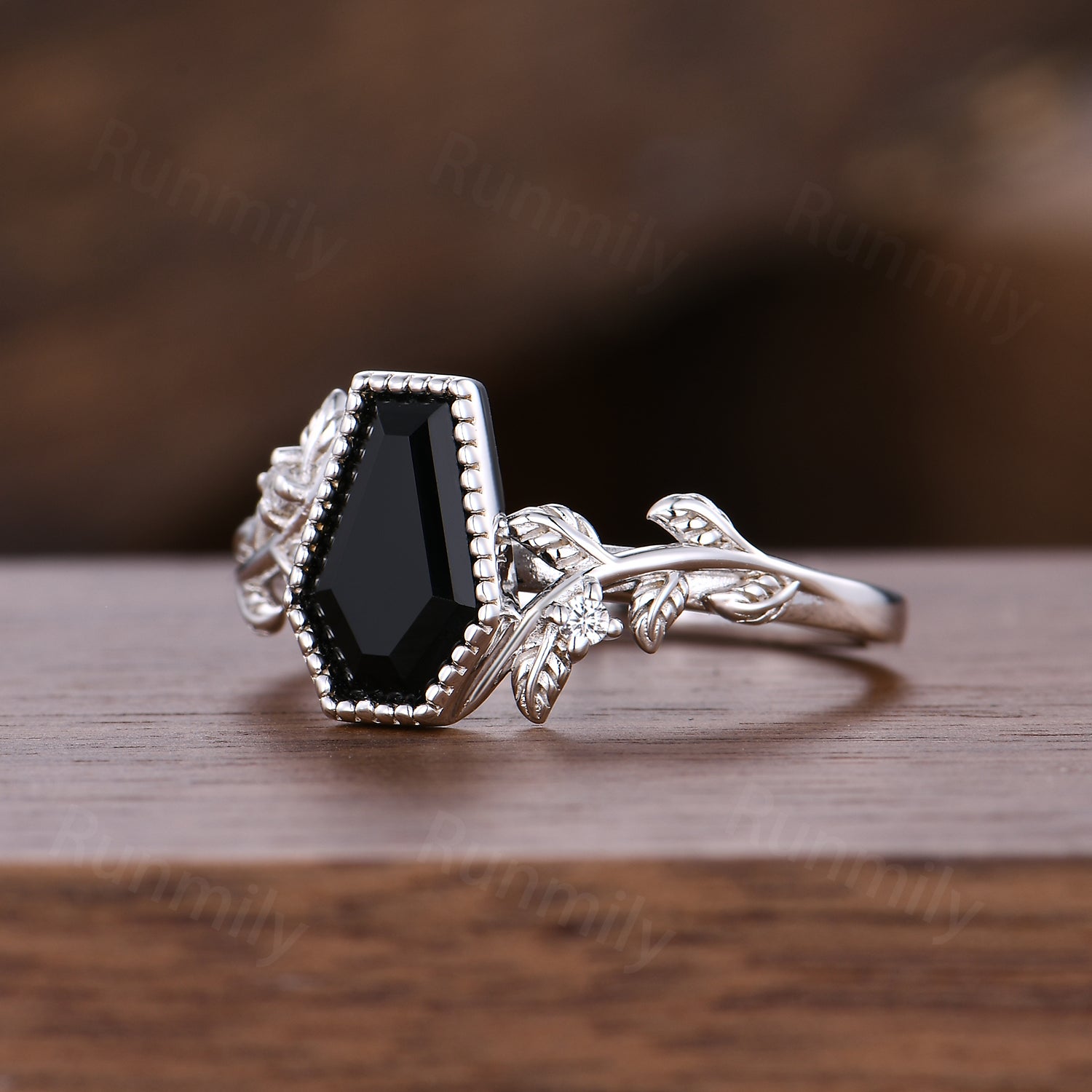 Art Deco Coffin Cut Black Onyx Ring, 14k White Gold Leaf Ring