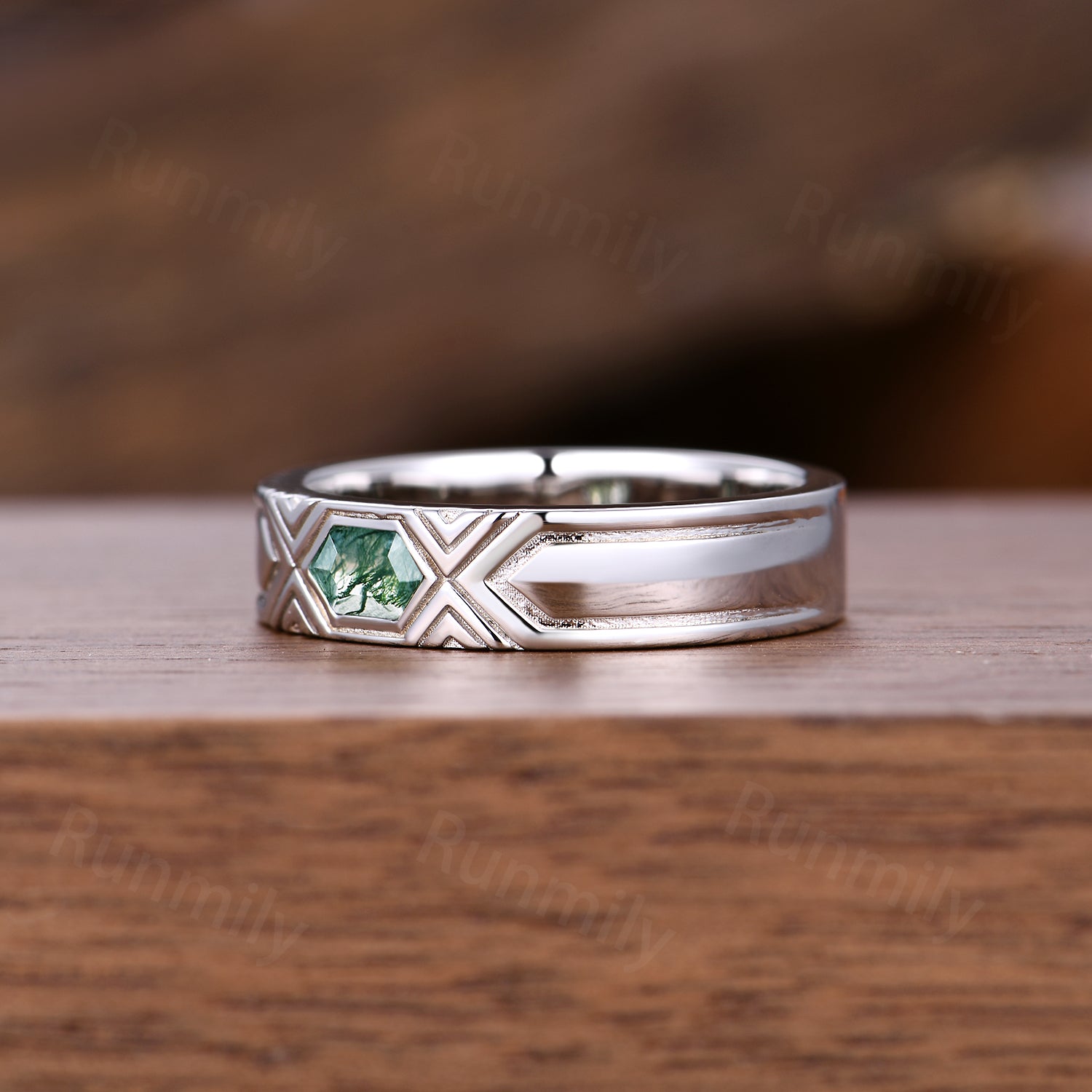 Retro Hexagon Moss Agate Mens Wedding Band: 6mm Wide White Gold Promise Ring For Men