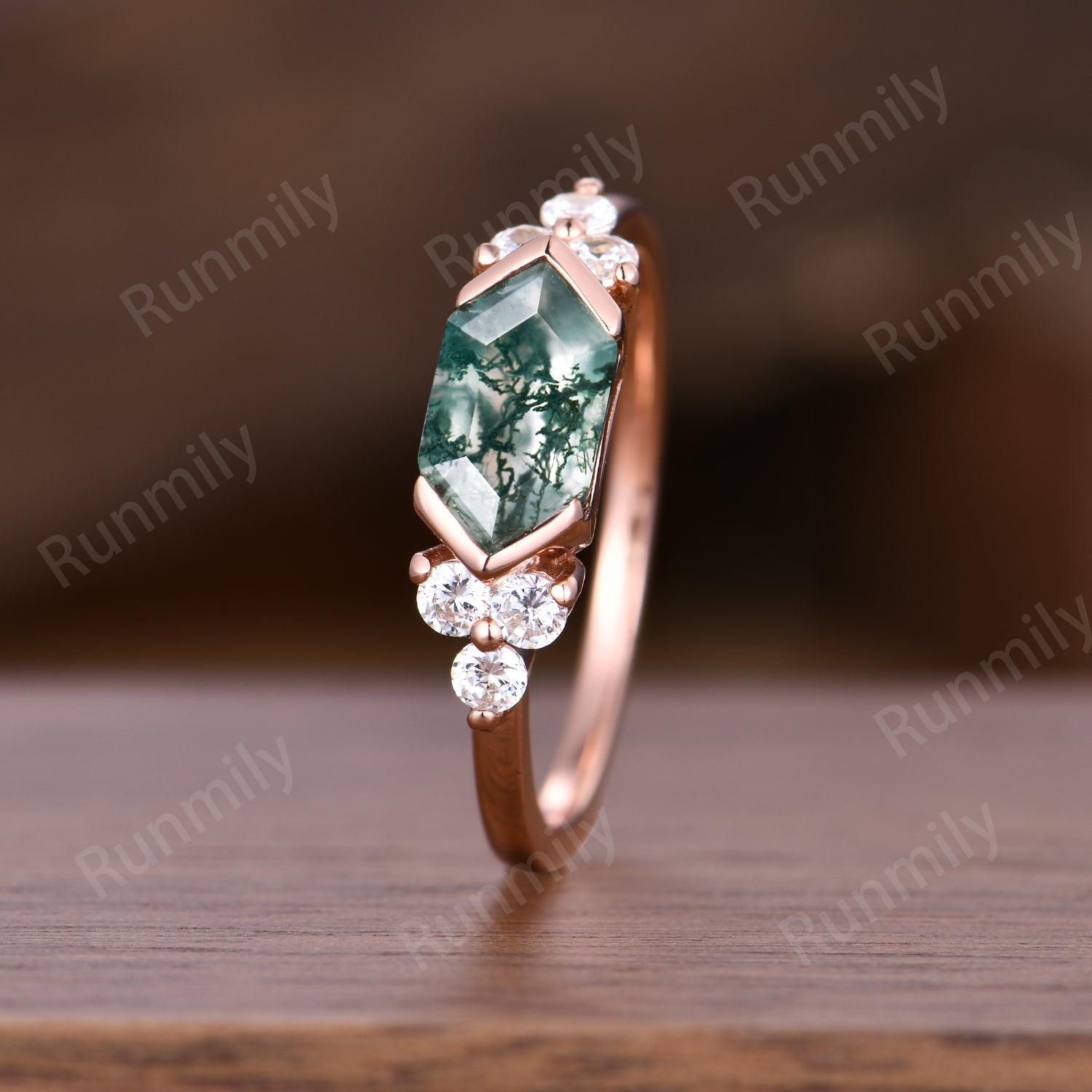 Unique Moss Agate Engagement Ring Women Solid Rose Gold Wedding Ring Vintage Cluster Moissanite Promise Ring Anniversary Gift For Her