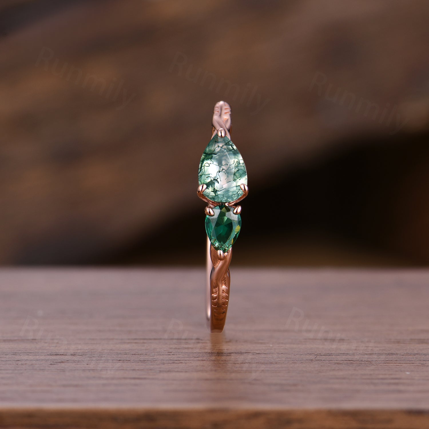 Vintage Moss Agate Emerald Engagement Ring Rose Gold Pear Cut Ring Anniversary Art Deco 2 Stone Custom Wedding Band Unique Women Ring