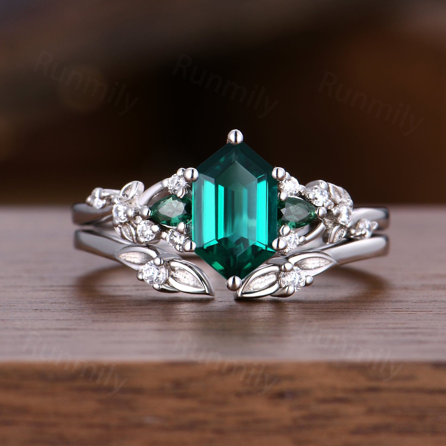 Vintage Emerald Engagement Ring Set Sterling Silver Unique Open Gap Leaf Ring Hexagon Cut Bridal Set Green Promise Ring