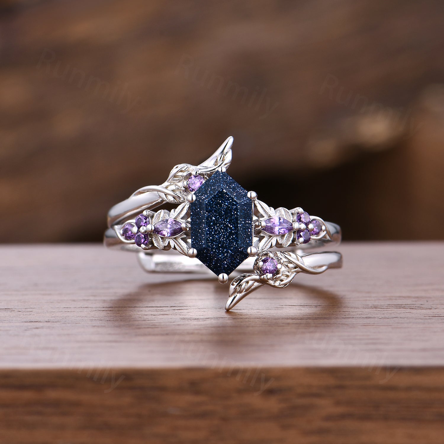 Hexagon cut Blue Sandstone engagement ring set women 14k white gold amethyst branch leaf cluster wedding band enhancer promise ring for her