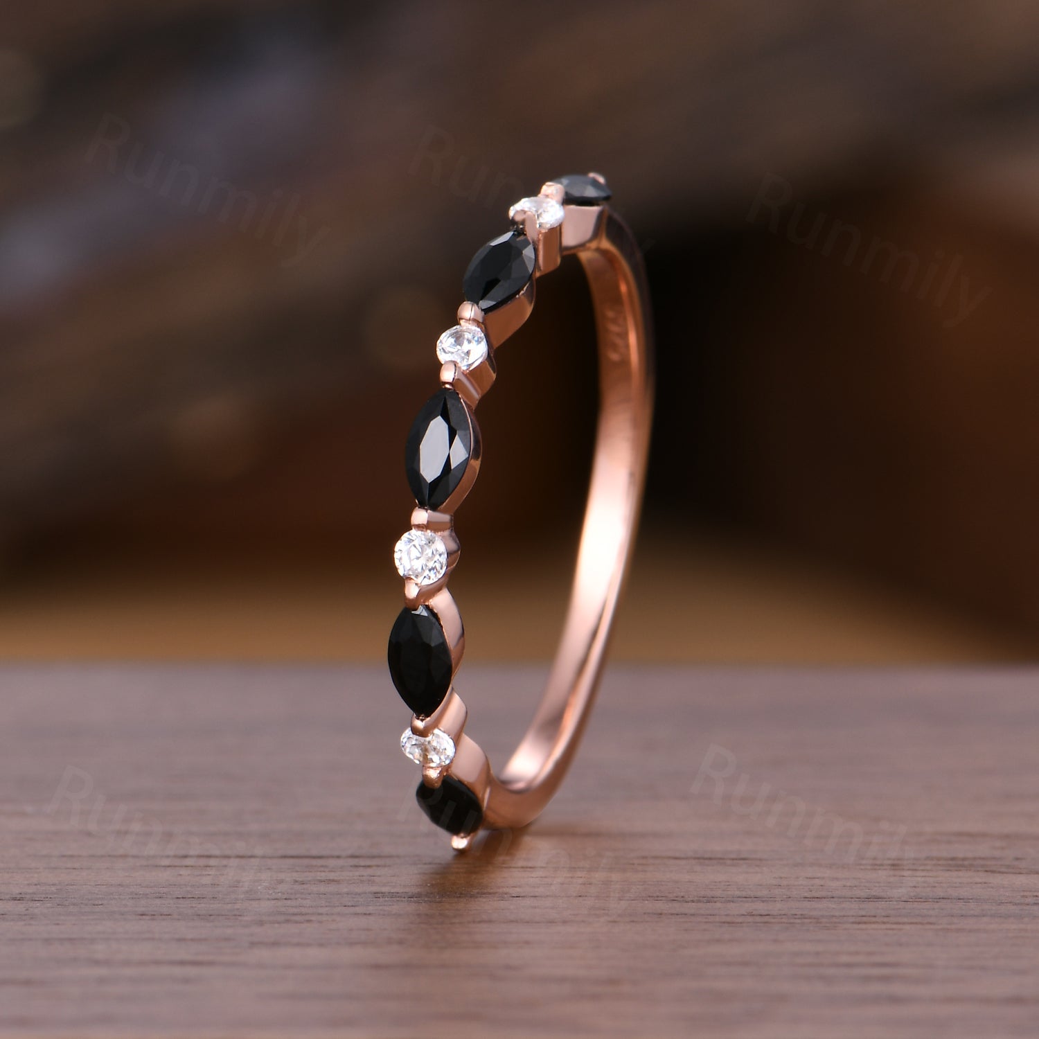 Half Eternity Black Onyx Wedding Band Rose Gold Marquise Cut Band Dainty Moissanite Stacking Matching Band Black Gemstone Anniversary Ring