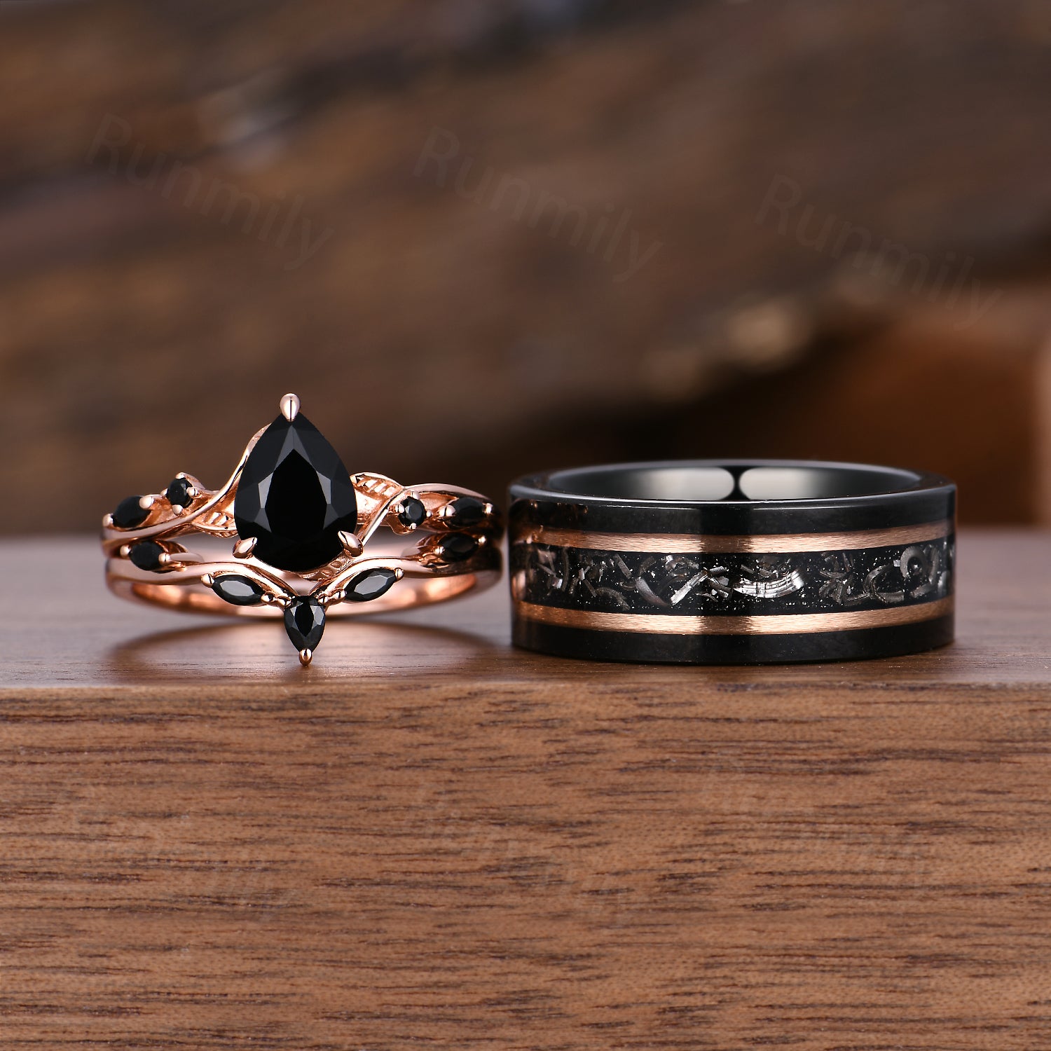 Vintage Black Onyx Couples Ring Set Unique Pear Cut Bridal Ring Rose Gold His and Hers Wedding Bands Mens Tungsten Ring Black Gemstone Rings