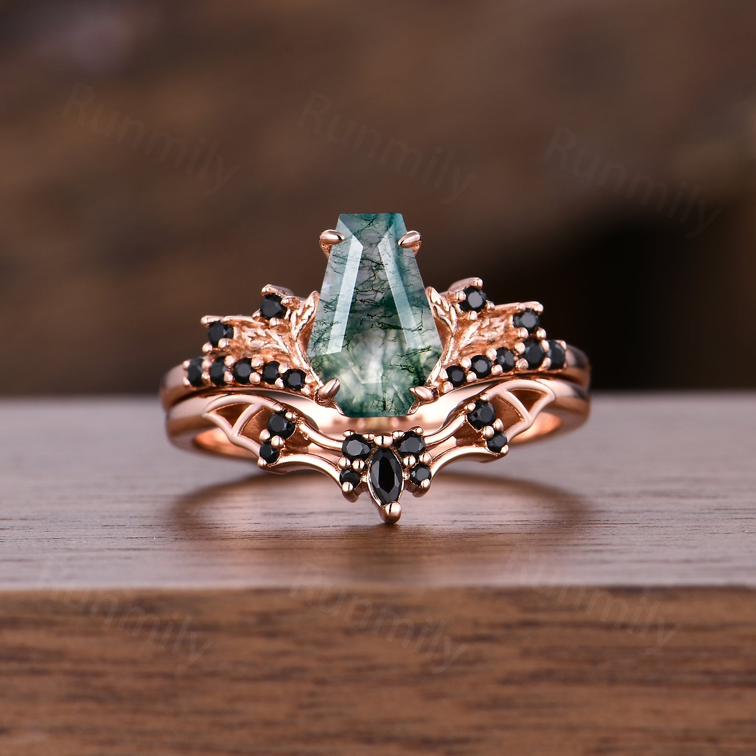 Gothic Bat Wing Moss Agate Engagement Ring Unique Rose Gold Black Spinel Wedding Ring Vampire Bridal Ring Set