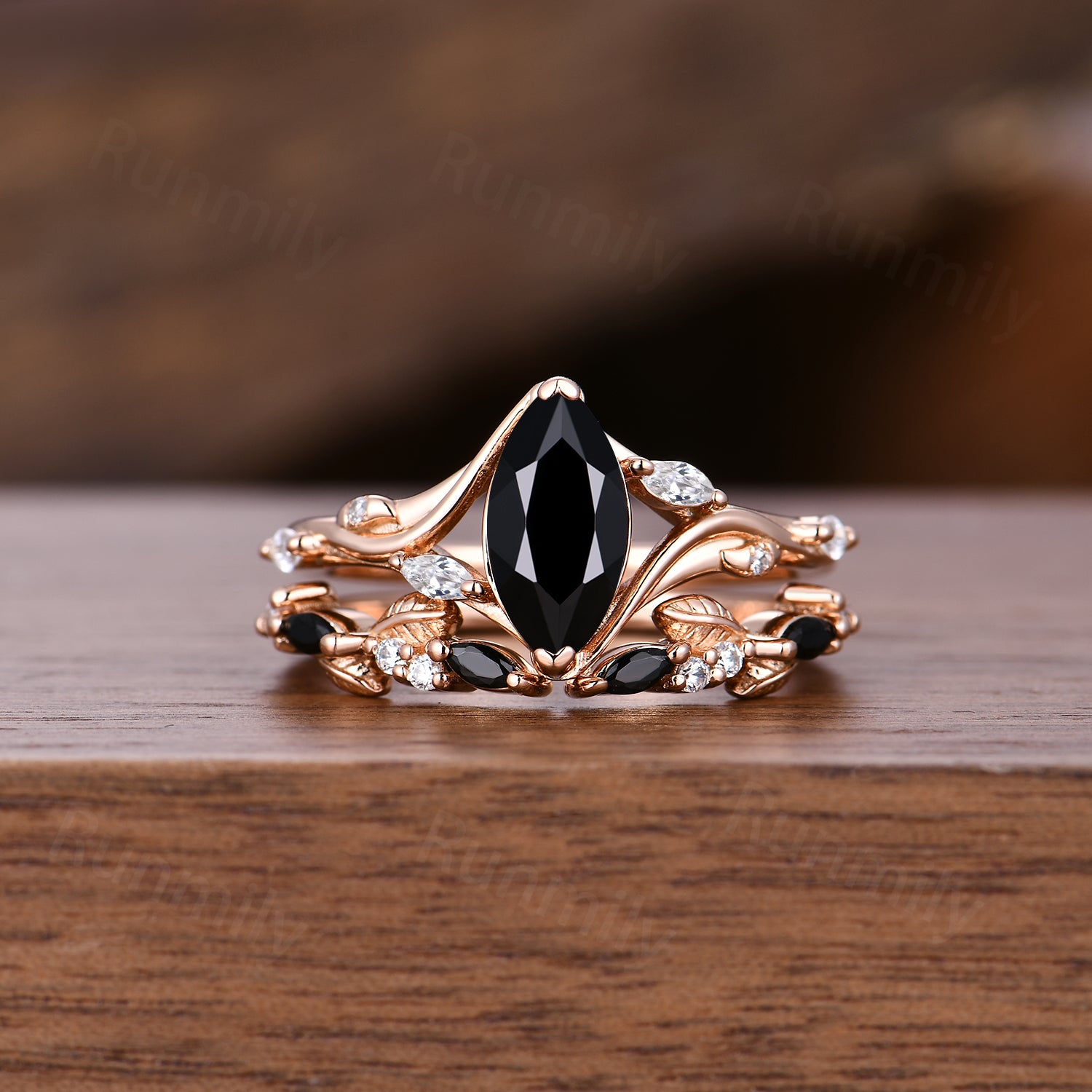 Marquise cut Black Onyx engagement ring set unique twig moissanite ring women open gap wedding band nature inspired Bridal Promise ring