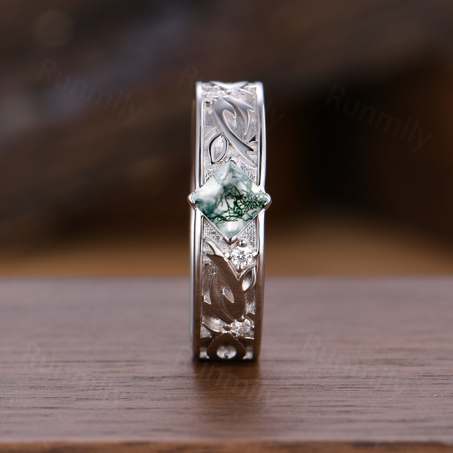 Mens Natural Moss Agate Wedding Band Silver Princess Cut Ring Nature Inspired Moissanite Band Vintage Ring For Husband/Father