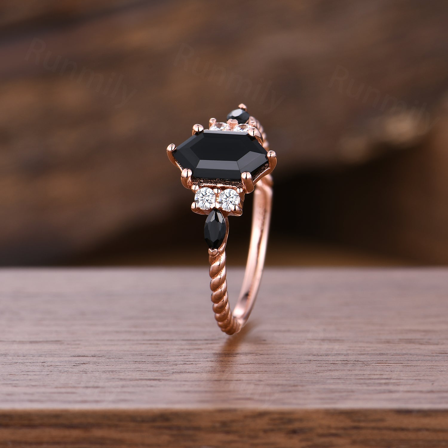 Retro Hexagon Black Onyx Engagement Ring Unique 7 Stone Twisted Wedding Ring Black Gem Bridal Ring Anniversary Gift For Women