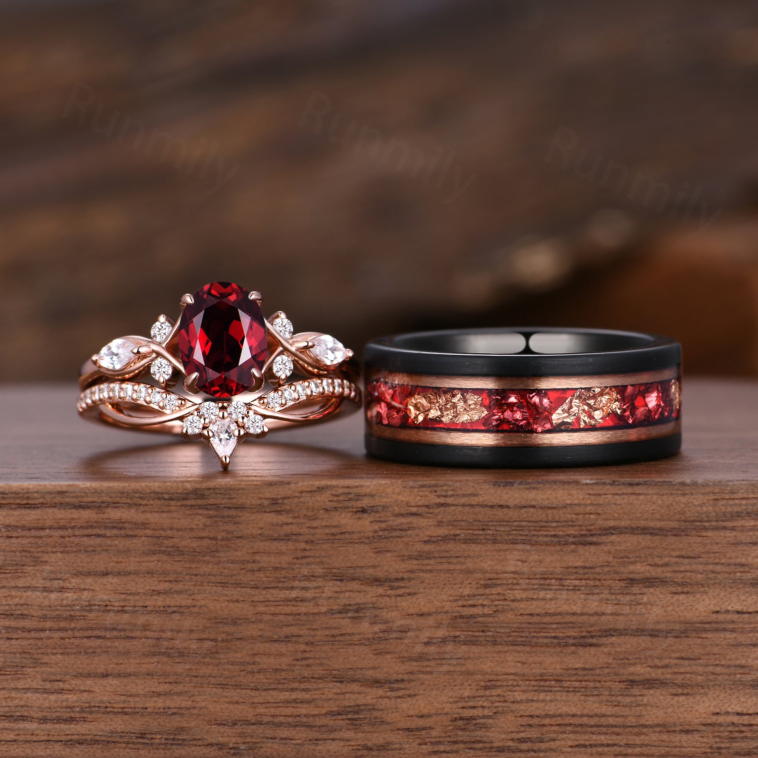 Vintage Oval Ruby Couples Ring Set Unique Cluster Bridal Ring Rose Gold His and Hers Wedding Bands Mens Ruby Tungsten Ring Promise Rings