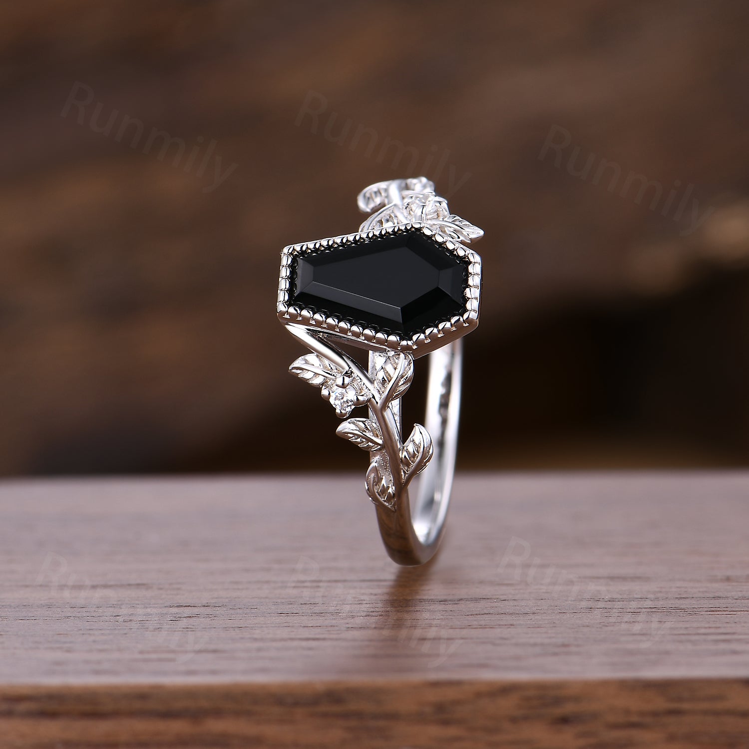 Art Deco Coffin Cut Black Onyx Ring, 14k White Gold Leaf Ring