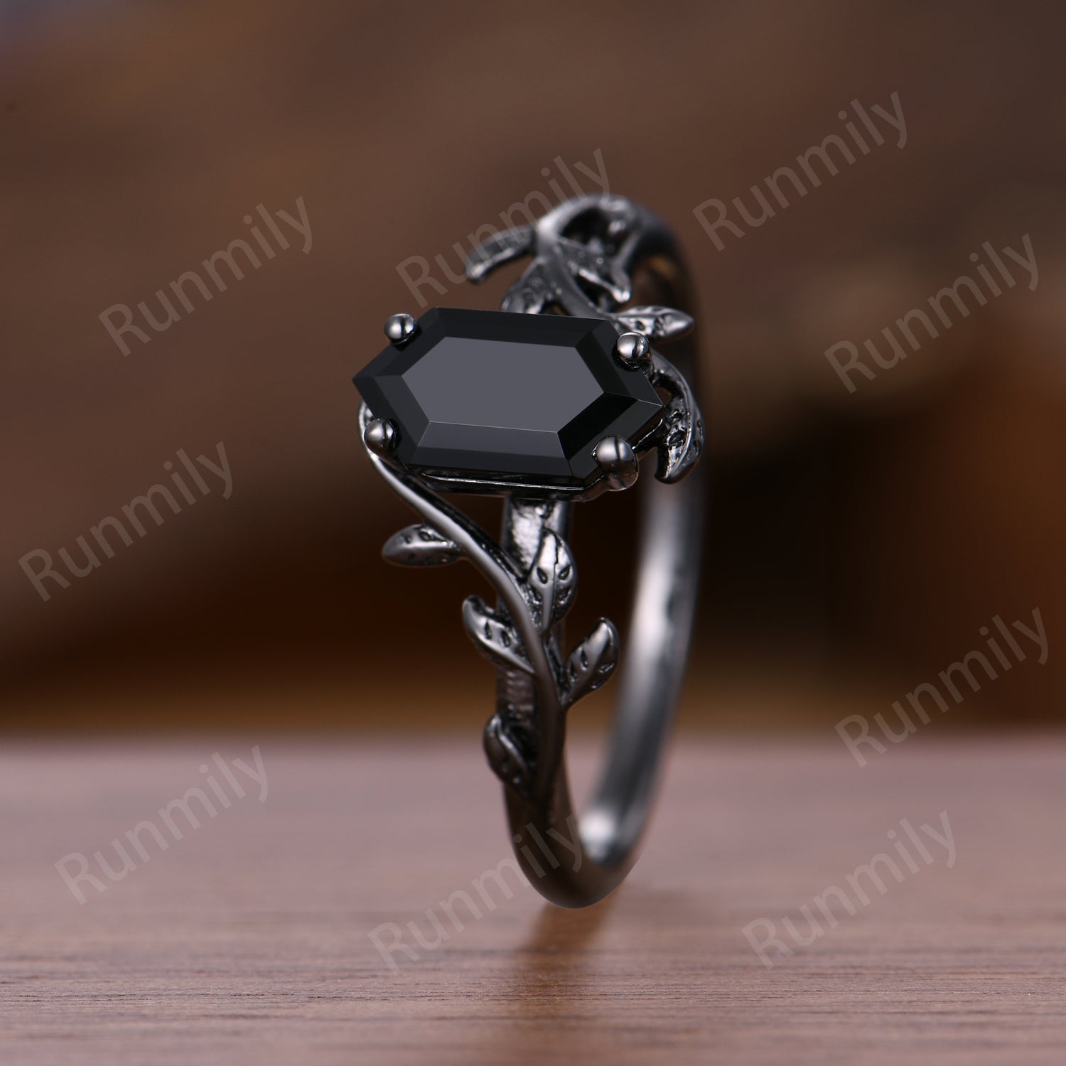 Vintage Twig Leaf Black Onyx Ring Women Unique Nature Inspired Engagement Ring Black Gold Wedding Ring Black Gemstone Ring Bridal Promise Gift