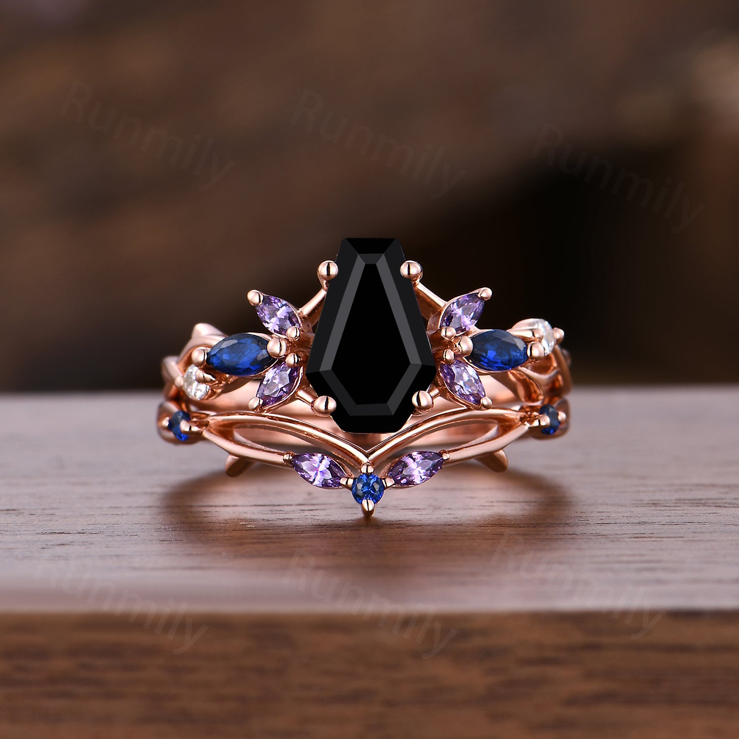 Gothic Coffin Cut Black Onyx Engagement Ring Set Unique Blue Sapphire Amethyst Wedding Ring Twig Curved Stacking Bridal Ring Set