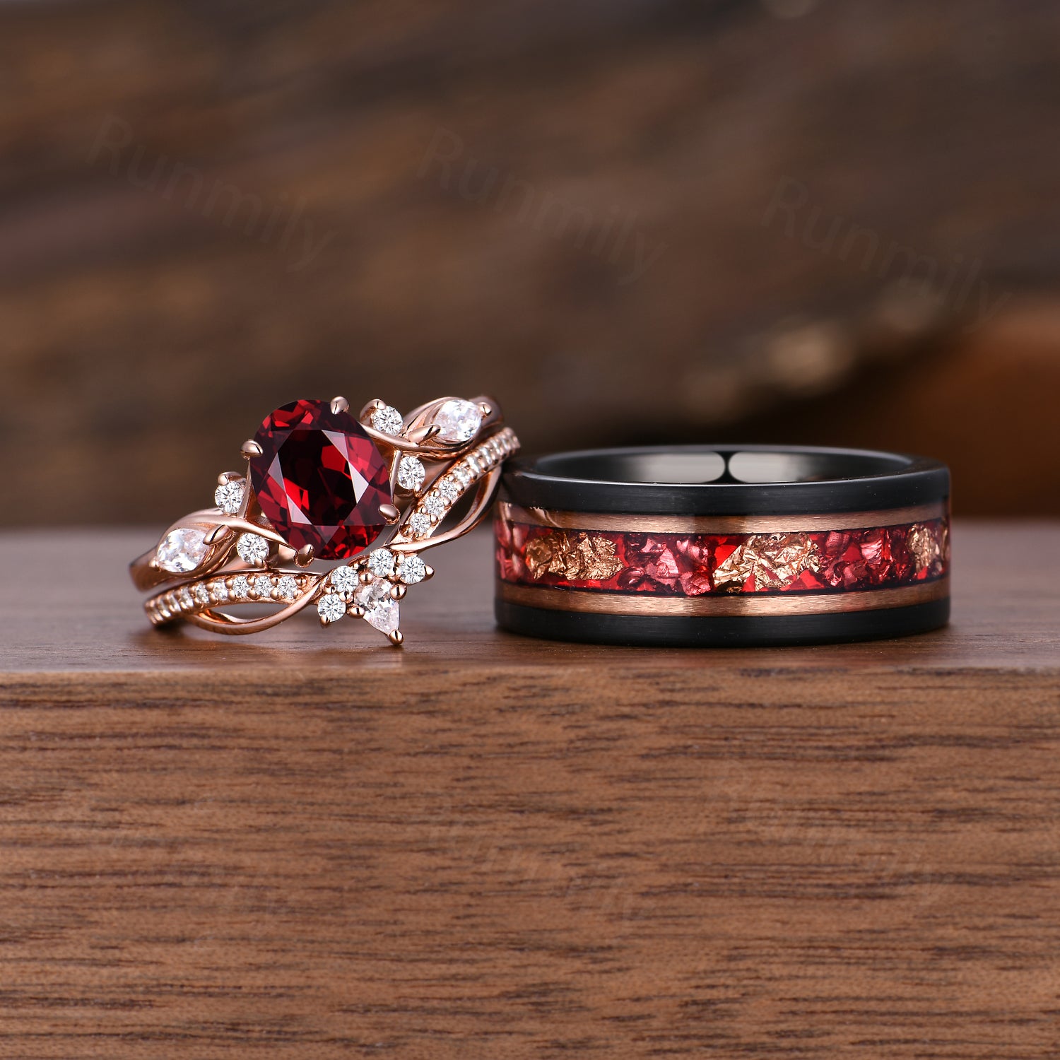 Vintage Oval Ruby Couples Ring Set Unique Cluster Bridal Ring Rose Gold His and Hers Wedding Bands Mens Ruby Tungsten Ring Promise Rings